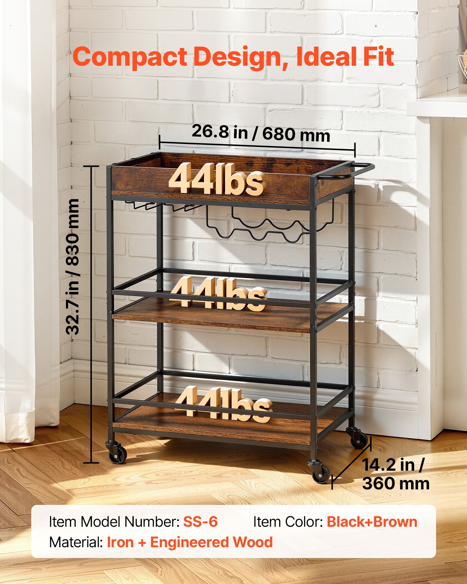 VEVOR Bar Cart, 3 Tiers Home Kitchen Serving Carts, Industrial Rolling Utility Station on Wheel, Mobile Drink Beverage Shelf with Wine Rack & Glass Holder, 26.77x14.17x32.68 in, Rustic Brown and Black