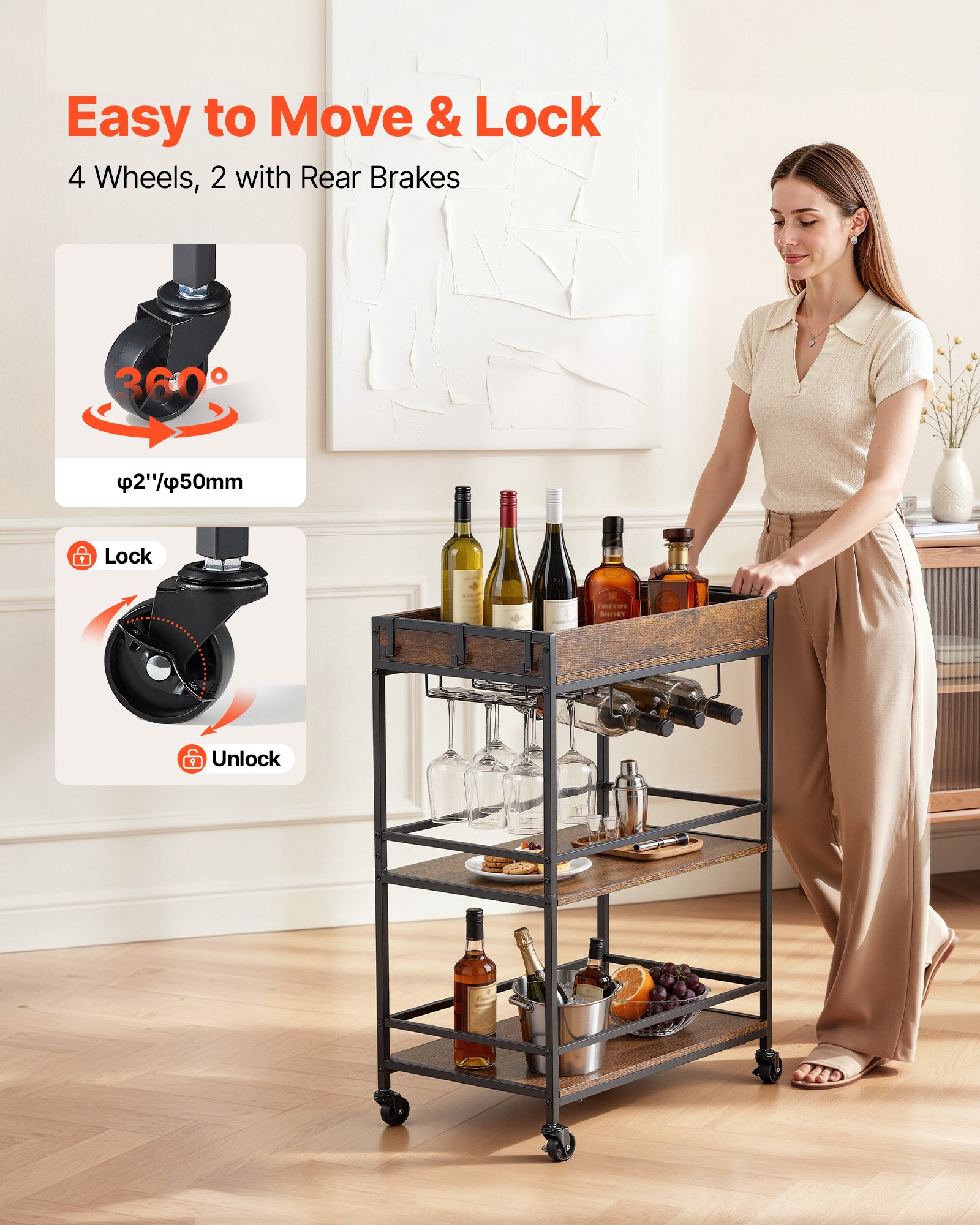 VEVOR Bar Cart, 3 Tiers Home Kitchen Serving Carts, Industrial Rolling Utility Station on Wheel, Mobile Drink Beverage Shelf with Wine Rack & Glass Holder, 26.77x14.17x32.68 in, Rustic Brown and Black