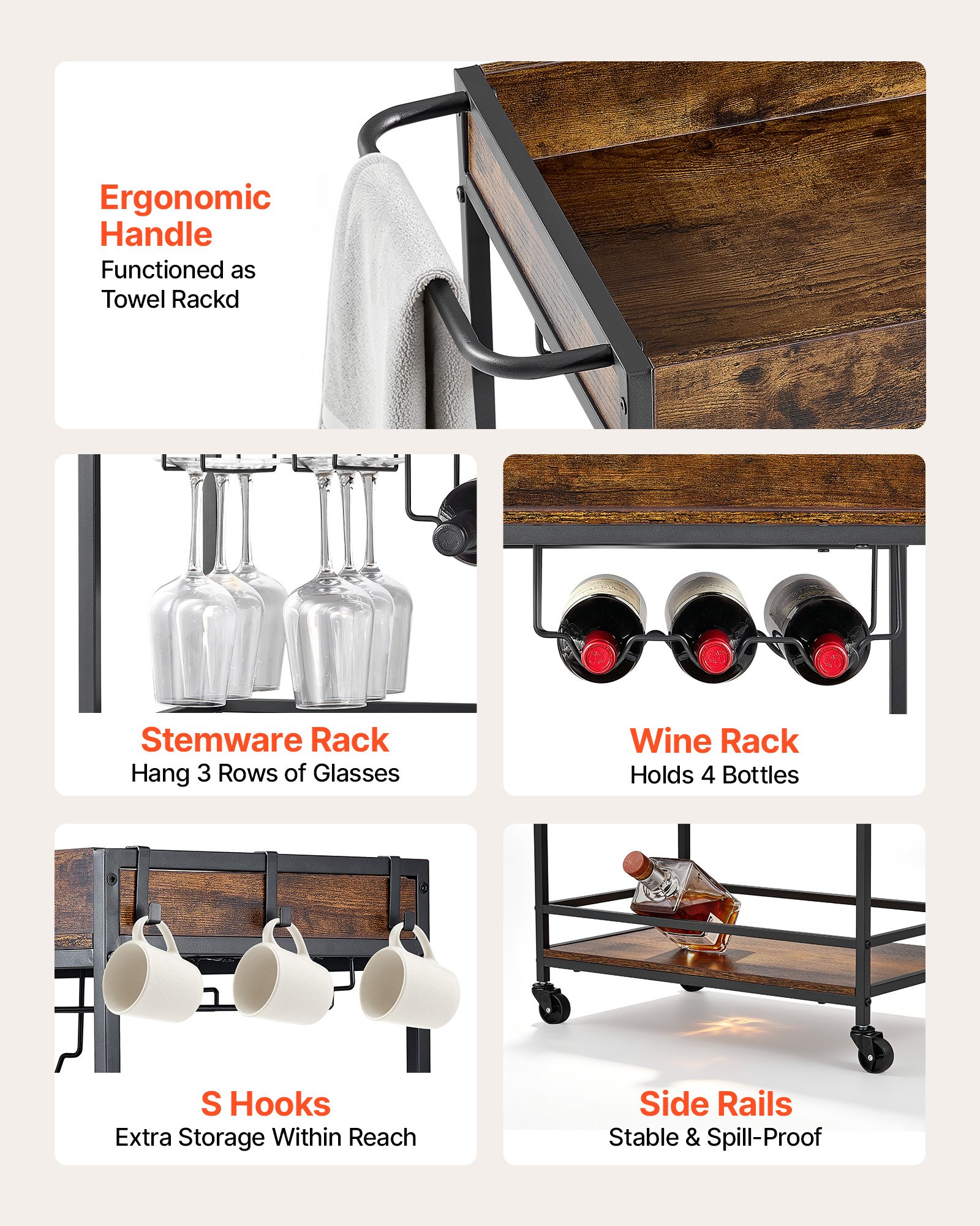 VEVOR Bar Cart, 3 Tiers Home Kitchen Serving Carts, Industrial Rolling Utility Station on Wheel, Mobile Drink Beverage Shelf with Wine Rack & Glass Holder, 26.77x14.17x32.68 in, Rustic Brown and Black