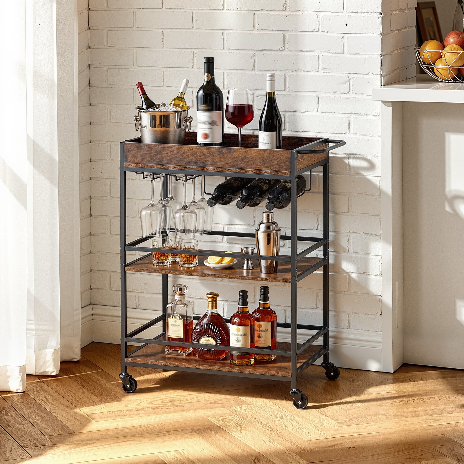 VEVOR Bar Cart, 3 Tiers Home Kitchen Serving Carts, Industrial Rolling Utility Station on Wheel, Mobile Drink Beverage Shelf with Wine Rack & Glass Holder, 26.77x14.17x32.68 in, Rustic Brown and Black