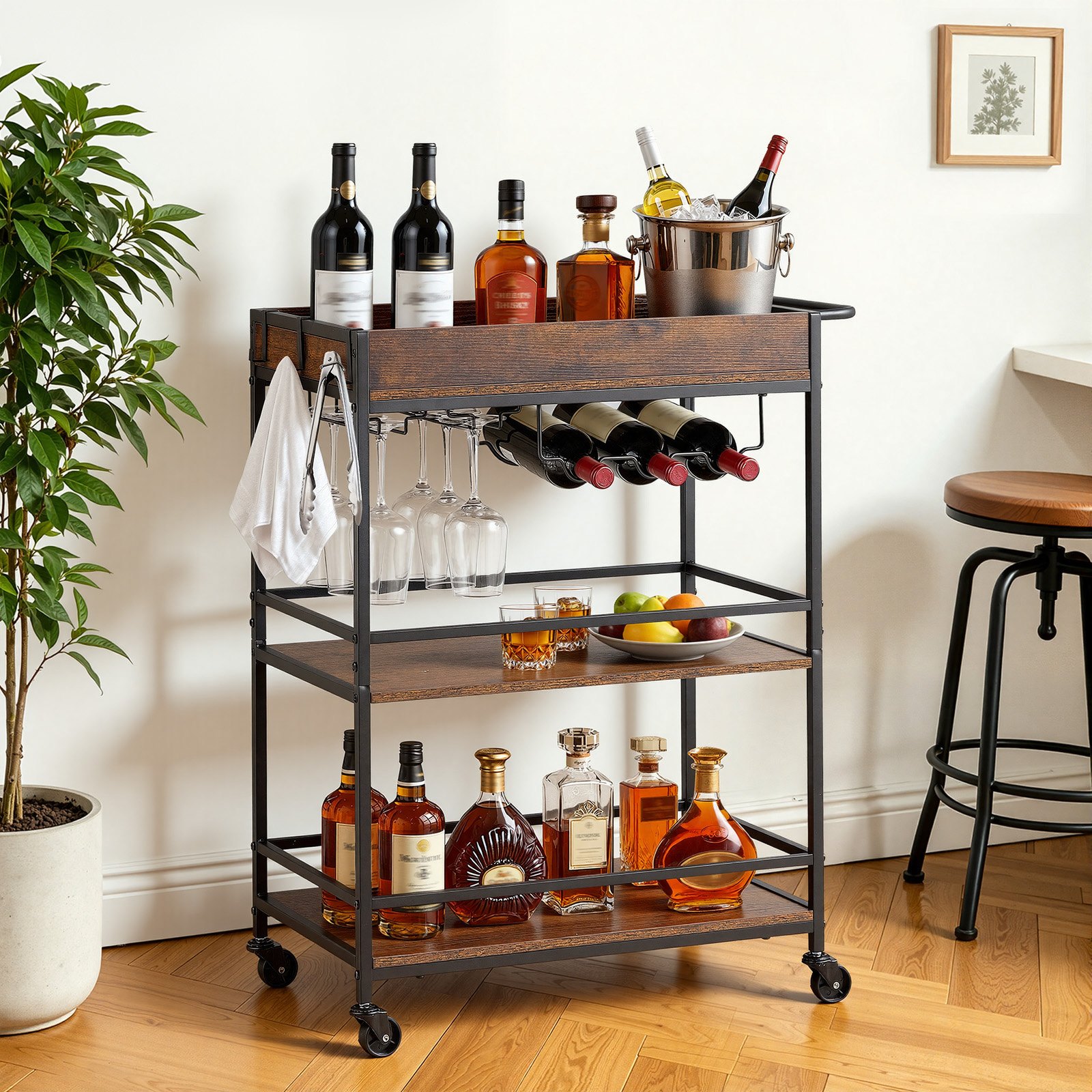 VEVOR Bar Cart, 3 Tiers Home Kitchen Serving Carts, Industrial Rolling Utility Station on Wheel, Mobile Drink Beverage Shelf with Wine Rack & Glass Holder, 26.77x14.17x32.68 in, Rustic Brown and Black
