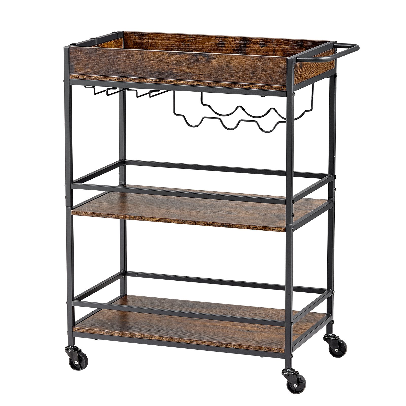 VEVOR Bar Cart, 3 Tiers Home Kitchen Serving Carts, Industrial Rolling Utility Station on Wheel, Mobile Drink Beverage Shelf with Wine Rack & Glass Holder, 26.77x14.17x32.68 in, Rustic Brown and Black