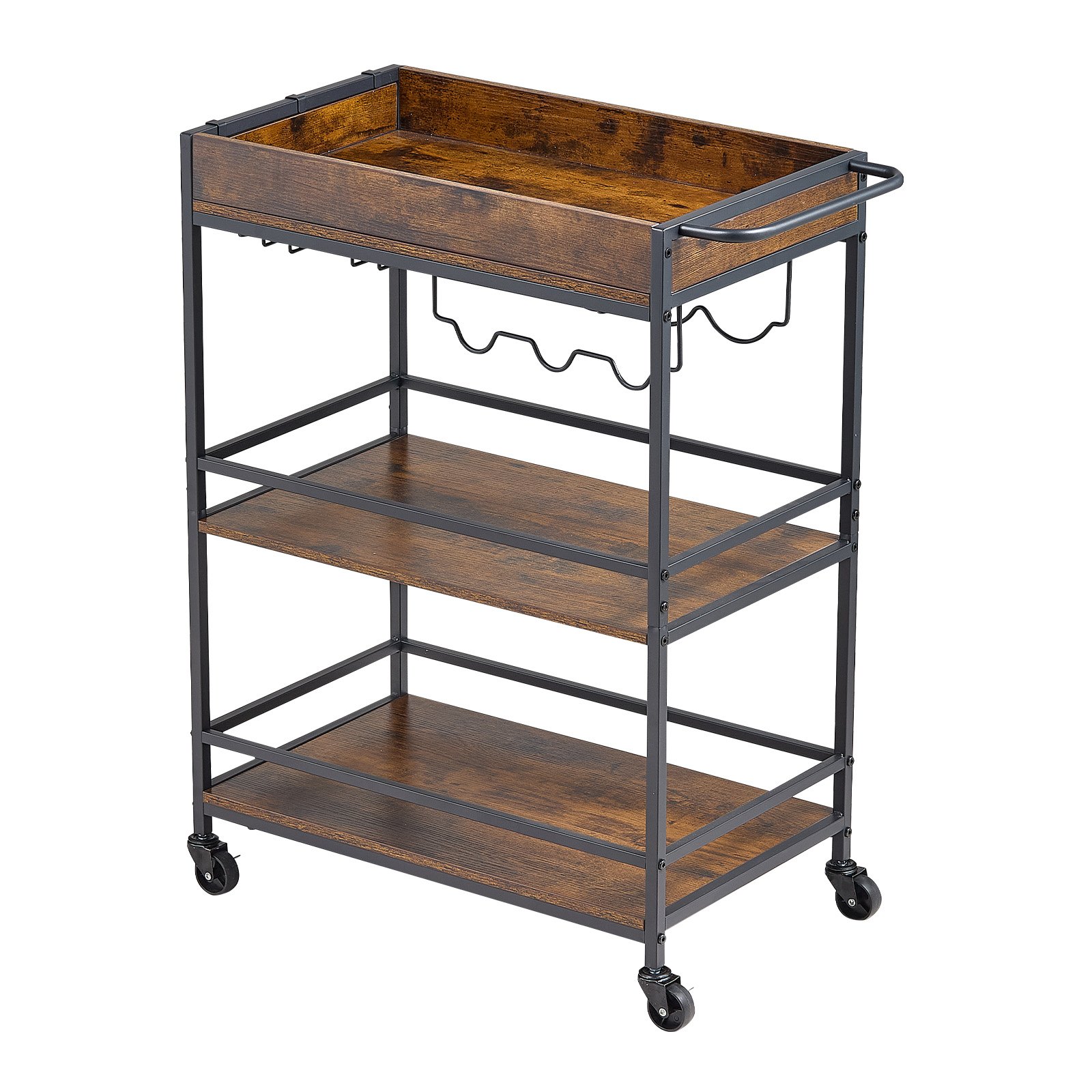VEVOR Bar Cart, 3 Tiers Home Kitchen Serving Carts, Industrial Rolling Utility Station on Wheel, Mobile Drink Beverage Shelf with Wine Rack & Glass Holder, 26.77x14.17x32.68 in, Rustic Brown and Black