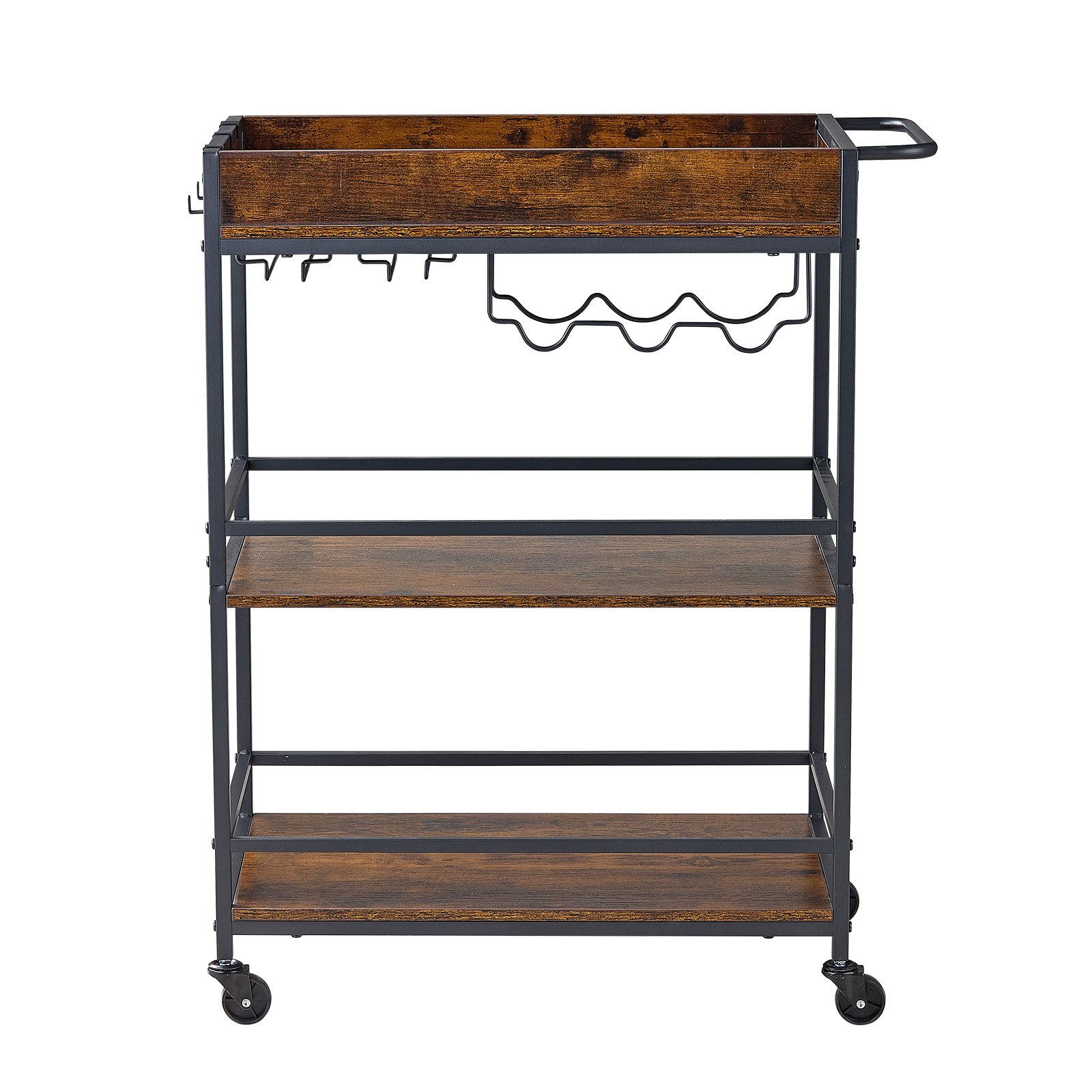 VEVOR Bar Cart, 3 Tiers Home Kitchen Serving Carts, Industrial Rolling Utility Station on Wheel, Mobile Drink Beverage Shelf with Wine Rack & Glass Holder, 26.77x14.17x32.68 in, Rustic Brown and Black