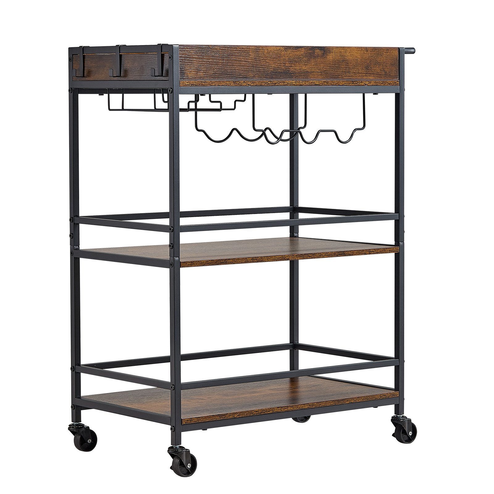 VEVOR Bar Cart, 3 Tiers Home Kitchen Serving Carts, Industrial Rolling Utility Station on Wheel, Mobile Drink Beverage Shelf with Wine Rack & Glass Holder, 26.77x14.17x32.68 in, Rustic Brown and Black