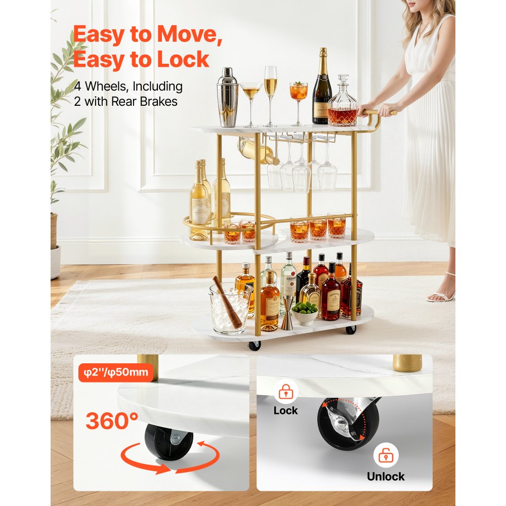 VEVOR Bar Cart, 3 Tiers Home Kitchen Serving Carts, Modern Round Rolling Utility Station on Wheels, Mobile Drink Beverage Trolley w/ Wooden Shelf, Wine Rack, Glass Holder, for Living Dining Room, Gold