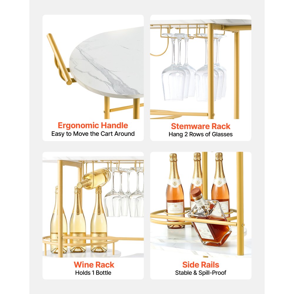 VEVOR Bar Cart, 3 Tiers Home Kitchen Serving Carts, Modern Round Rolling Utility Station on Wheels, Mobile Drink Beverage Trolley w/ Wooden Shelf, Wine Rack, Glass Holder, for Living Dining Room, Gold