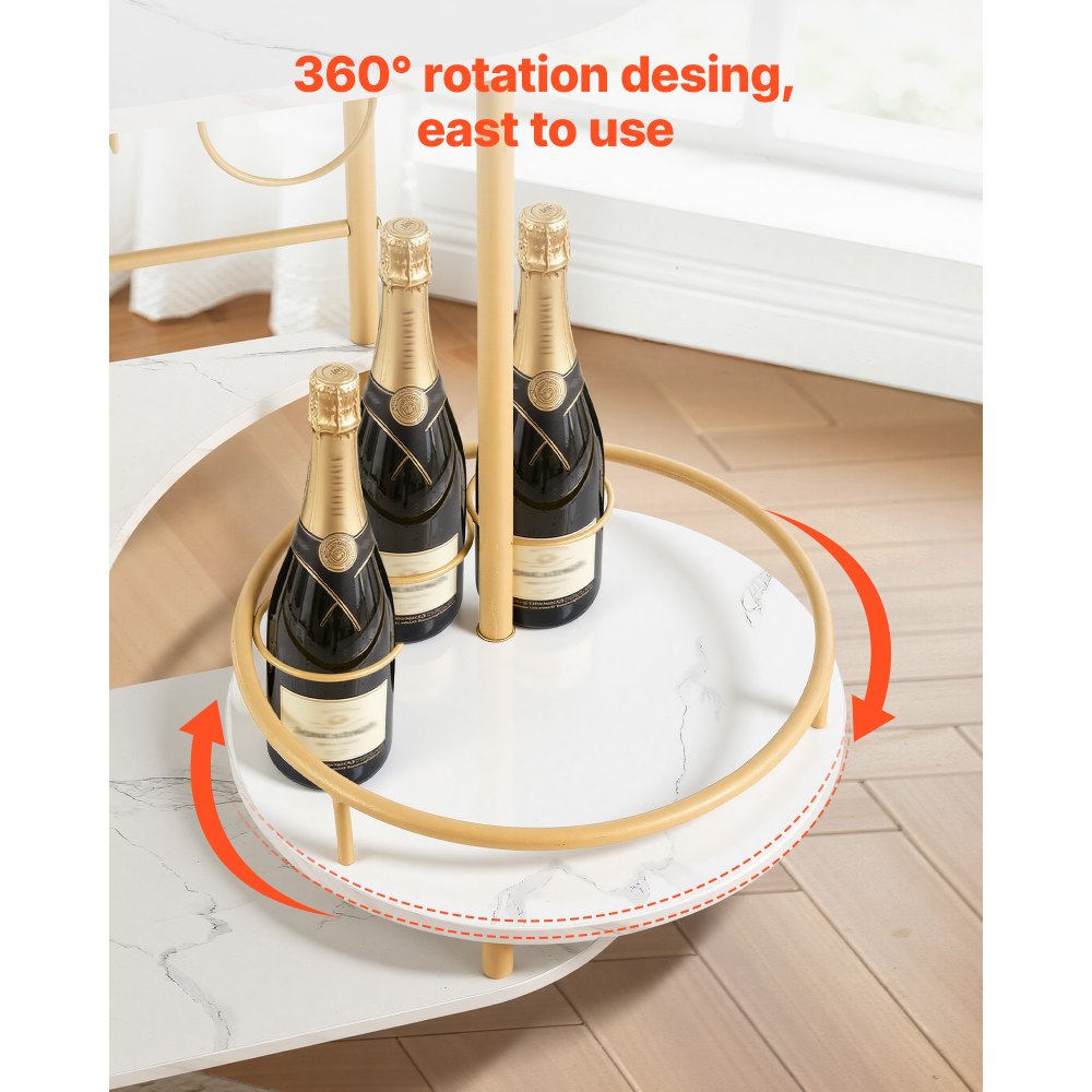 VEVOR Bar Cart, 3 Tiers Home Kitchen Serving Carts, Modern Round Rolling Utility Station on Wheels, Mobile Drink Beverage Trolley w/ Wooden Shelf, Wine Rack, Glass Holder, for Living Dining Room, Gold