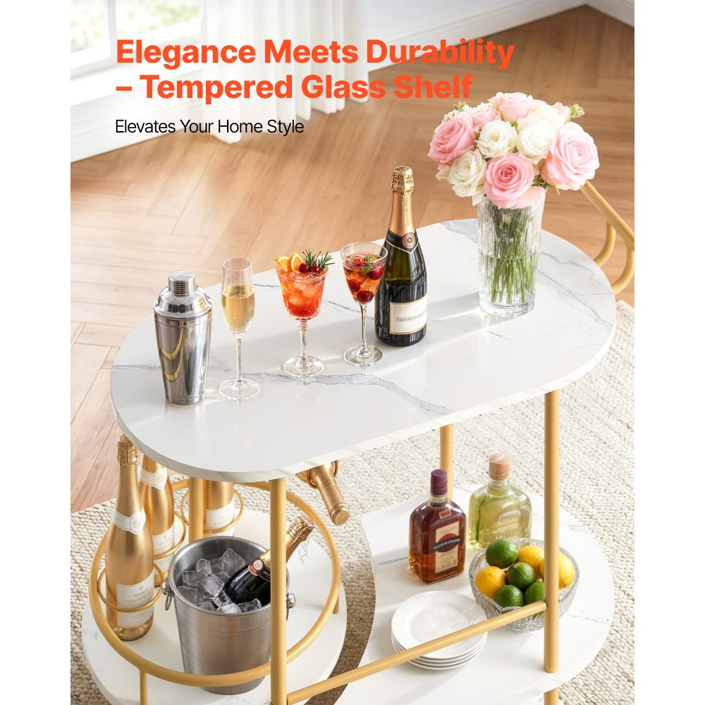 VEVOR Bar Cart, 3 Tiers Home Kitchen Serving Carts, Modern Round Rolling Utility Station on Wheels, Mobile Drink Beverage Trolley w/ Wooden Shelf, Wine Rack, Glass Holder, for Living Dining Room, Gold