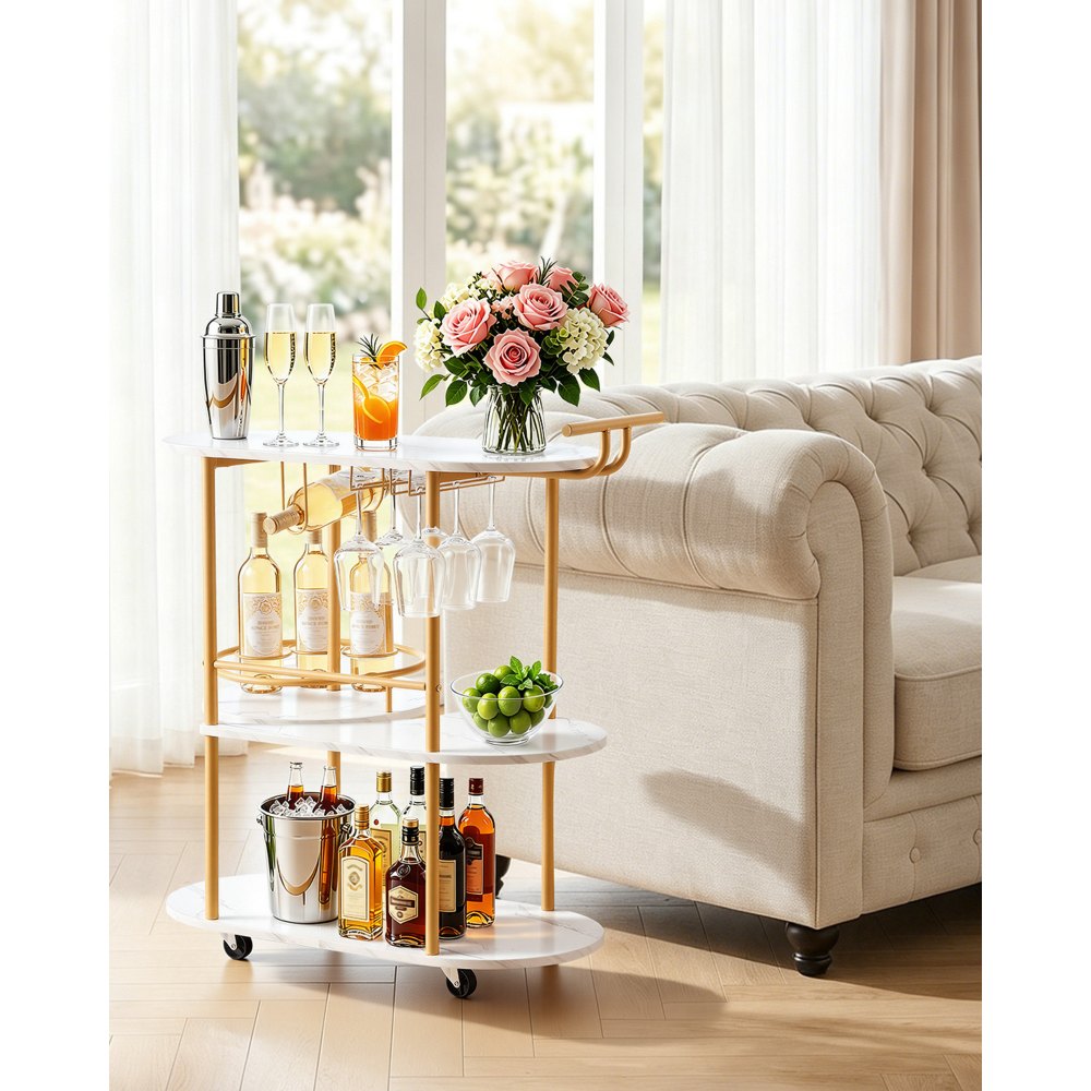 VEVOR Bar Cart, 3 Tiers Home Kitchen Serving Carts, Modern Round Rolling Utility Station on Wheels, Mobile Drink Beverage Trolley w/ Wooden Shelf, Wine Rack, Glass Holder, for Living Dining Room, Gold