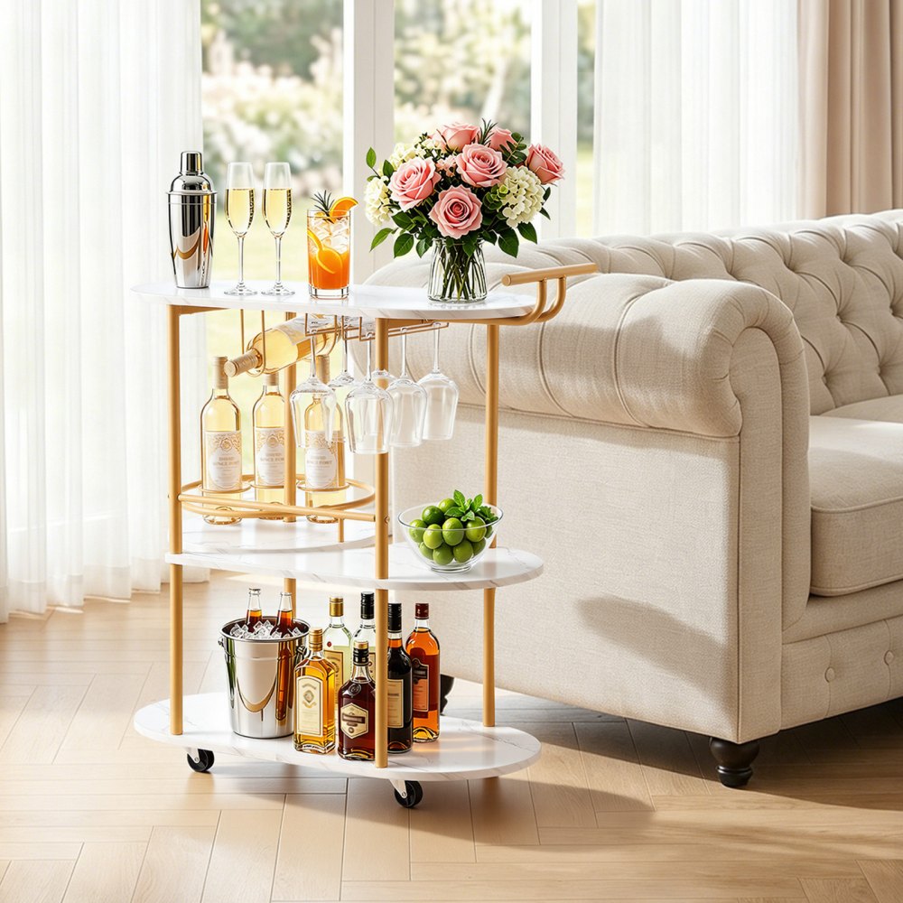 VEVOR Bar Cart, 3 Tiers Home Kitchen Serving Carts, Modern Round Rolling Utility Station on Wheels, Mobile Drink Beverage Trolley w/ Wooden Shelf, Wine Rack, Glass Holder, for Living Dining Room, Gold