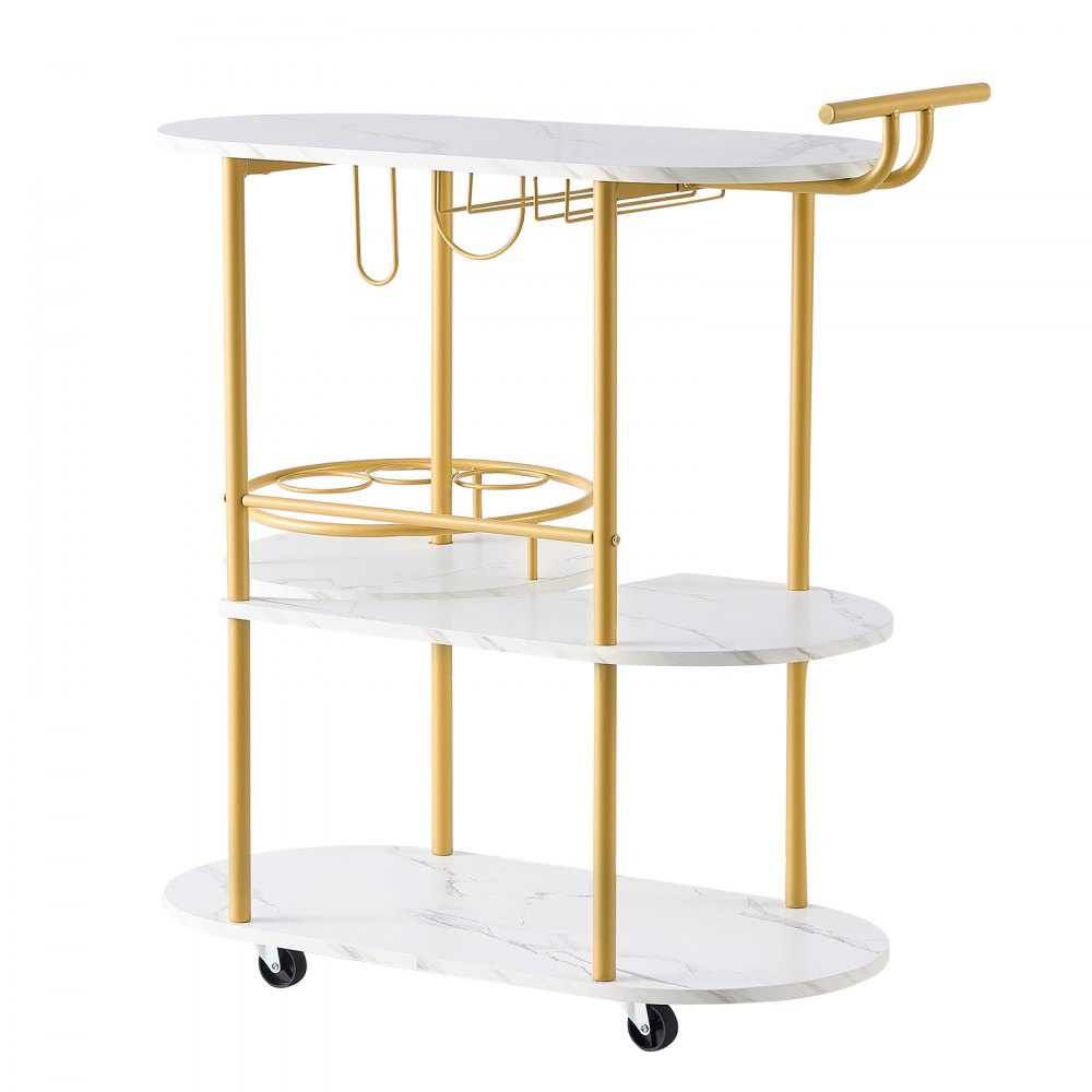 VEVOR Bar Cart, 3 Tiers Home Kitchen Serving Carts, Modern Round Rolling Utility Station on Wheels, Mobile Drink Beverage Trolley w/ Wooden Shelf, Wine Rack, Glass Holder, for Living Dining Room, Gold