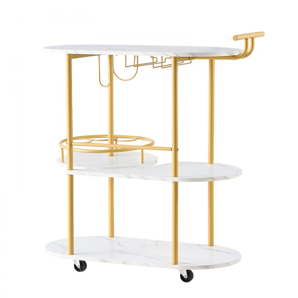 VEVOR Bar Cart, 3 Tiers Home Kitchen Serving Carts, Modern Round Rolling Utility Station on Wheels, Mobile Drink Beverage Trolley w/ Wooden Shelf, Wine Rack, Glass Holder, for Living Dining Room, Gold
