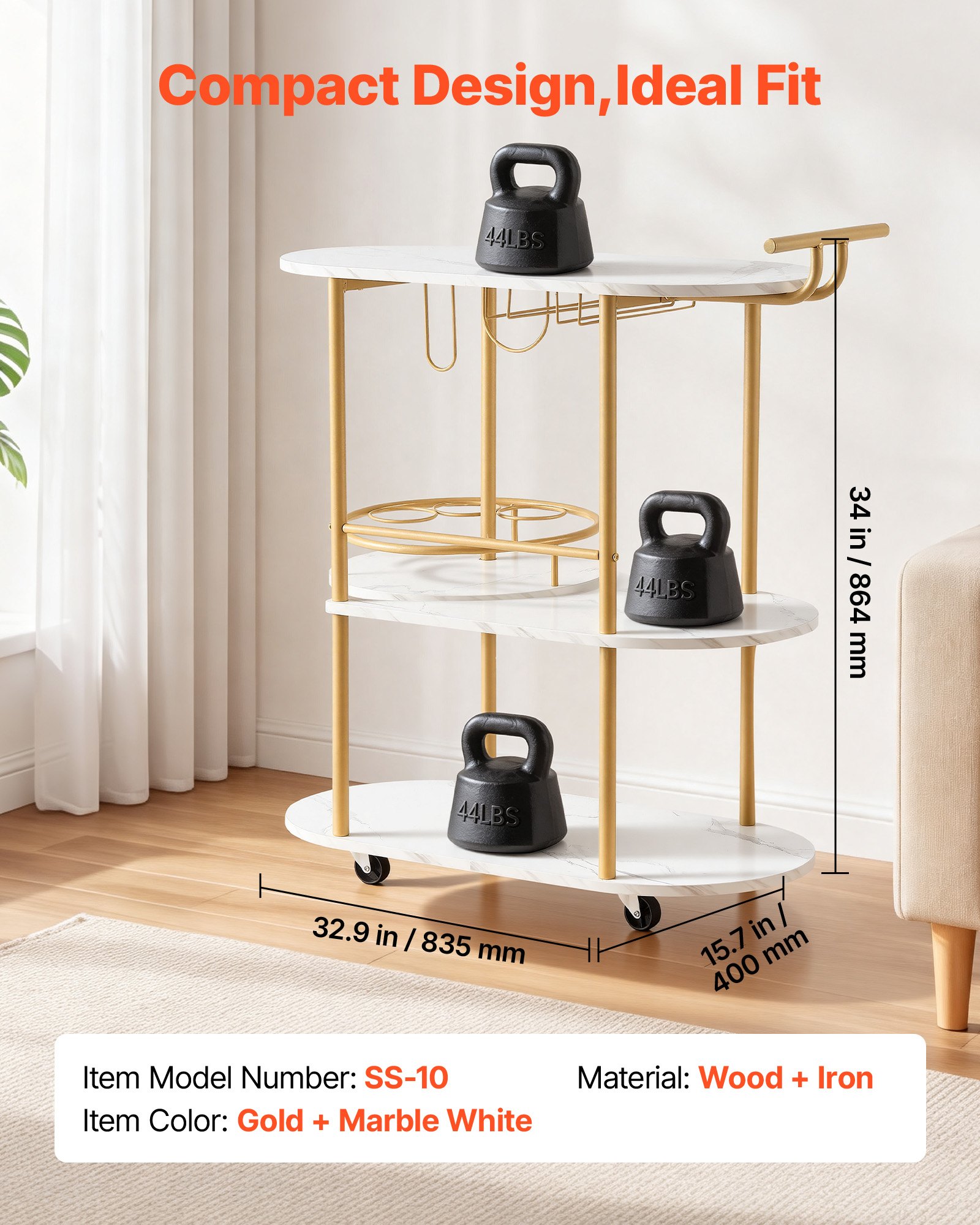 VEVOR Bar Cart, 3 Tiers Home Kitchen Serving Carts, Modern Round Rolling Utility Station on Wheels, Mobile Drink Beverage Trolley w/ Wooden Shelf, Wine Rack, Glass Holder, for Living Dining Room, Gold