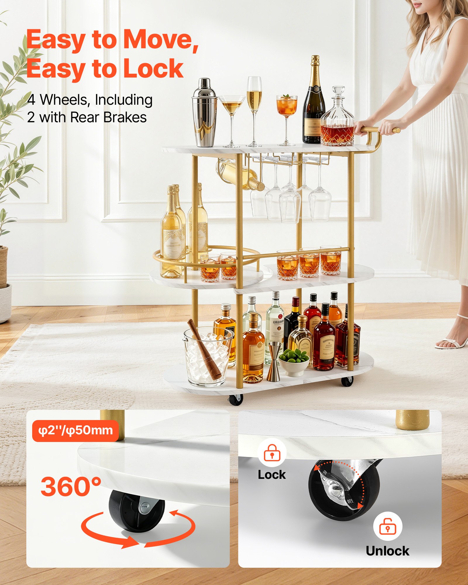 VEVOR Bar Cart, 3 Tiers Home Kitchen Serving Carts, Modern Round Rolling Utility Station on Wheels, Mobile Drink Beverage Trolley w/ Wooden Shelf, Wine Rack, Glass Holder, for Living Dining Room, Gold