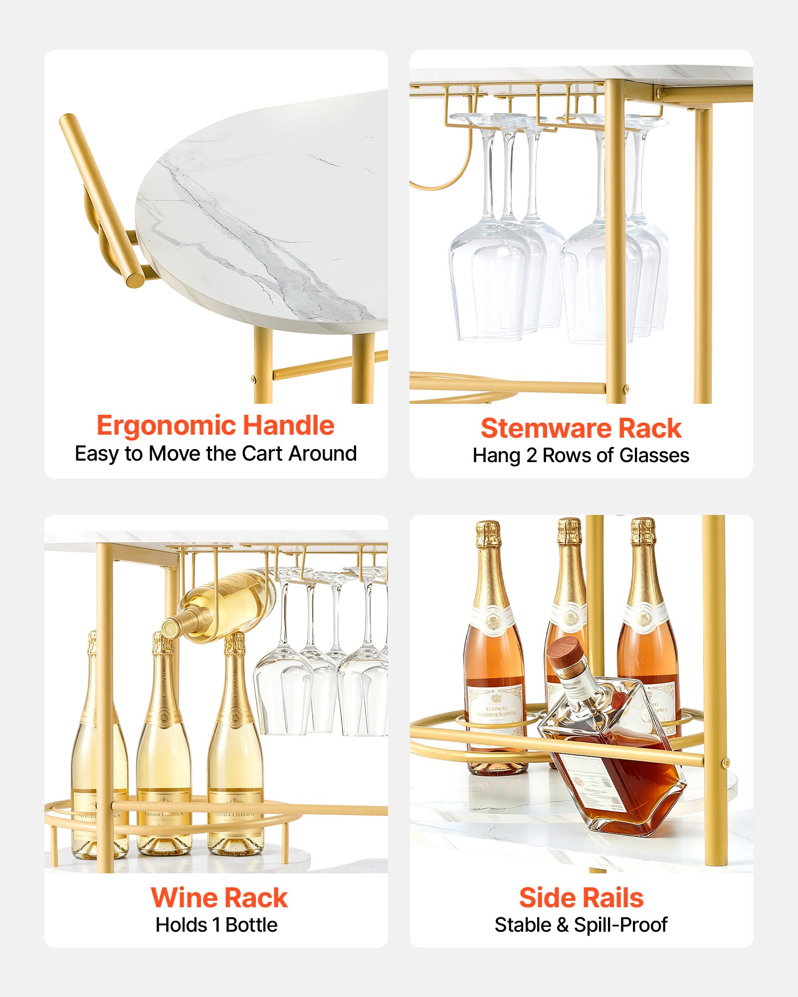 VEVOR Bar Cart, 3 Tiers Home Kitchen Serving Carts, Modern Round Rolling Utility Station on Wheels, Mobile Drink Beverage Trolley w/ Wooden Shelf, Wine Rack, Glass Holder, for Living Dining Room, Gold