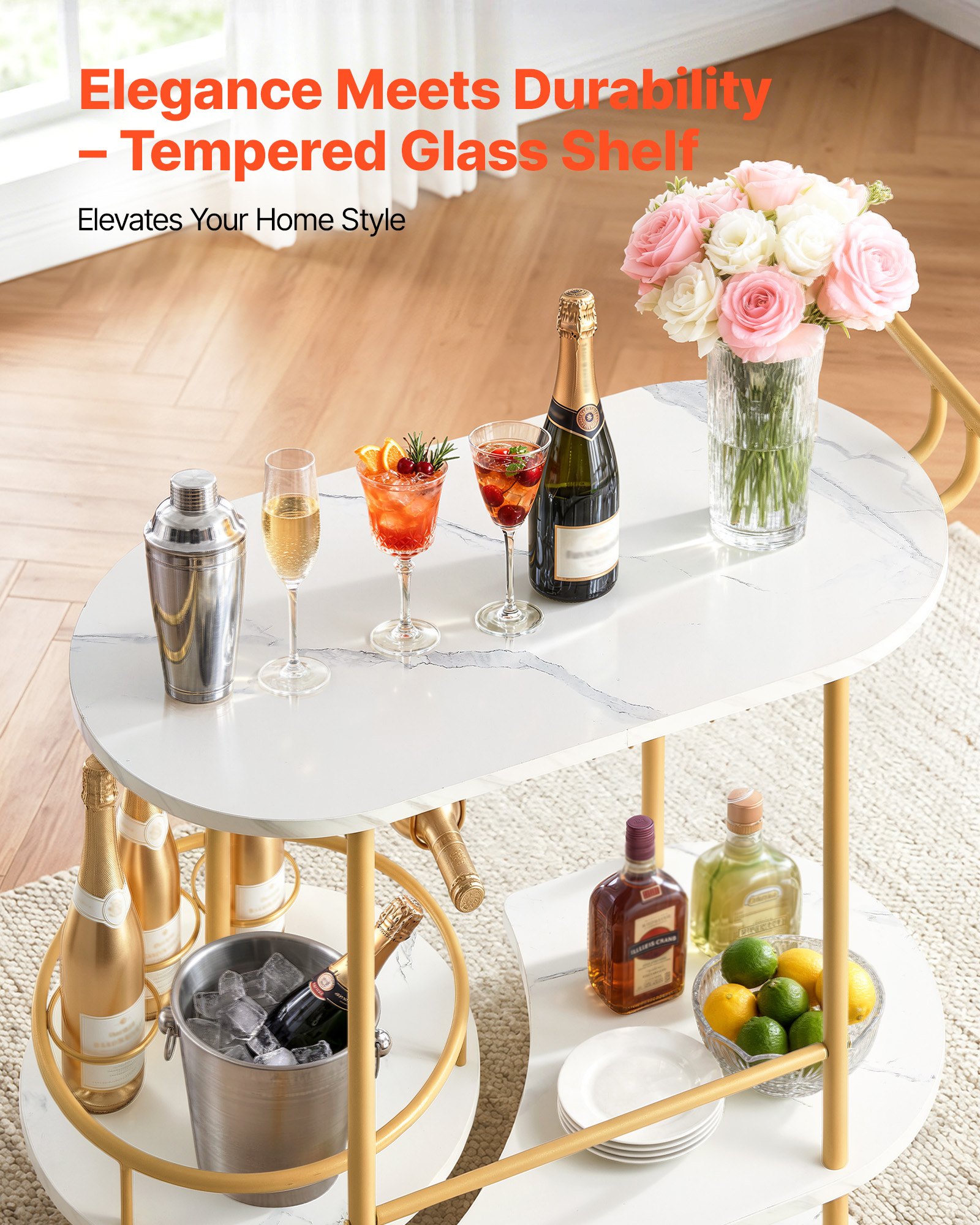 VEVOR Bar Cart, 3 Tiers Home Kitchen Serving Carts, Modern Round Rolling Utility Station on Wheels, Mobile Drink Beverage Trolley w/ Wooden Shelf, Wine Rack, Glass Holder, for Living Dining Room, Gold