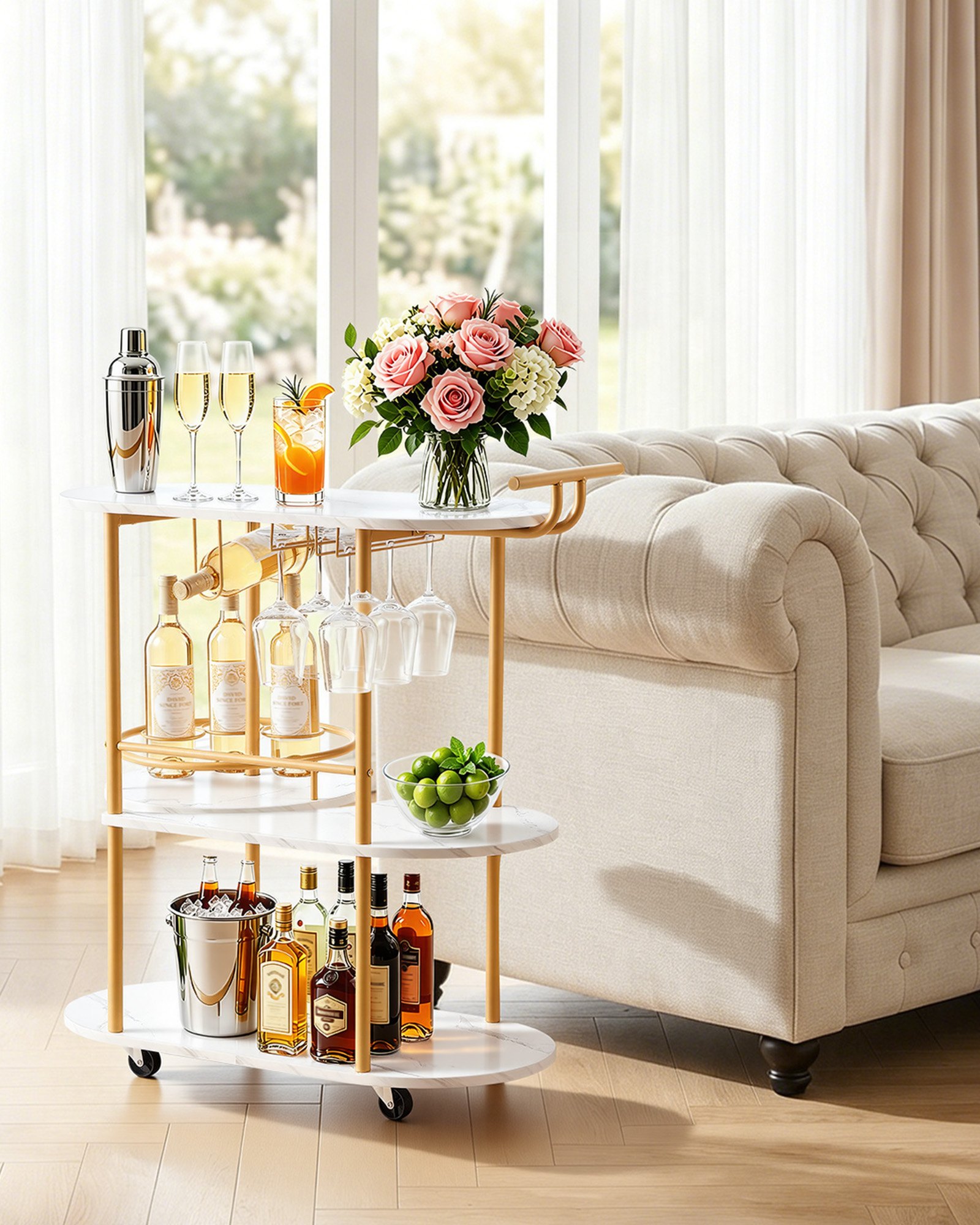 VEVOR Bar Cart, 3 Tiers Home Kitchen Serving Carts, Modern Round Rolling Utility Station on Wheels, Mobile Drink Beverage Trolley w/ Wooden Shelf, Wine Rack, Glass Holder, for Living Dining Room, Gold