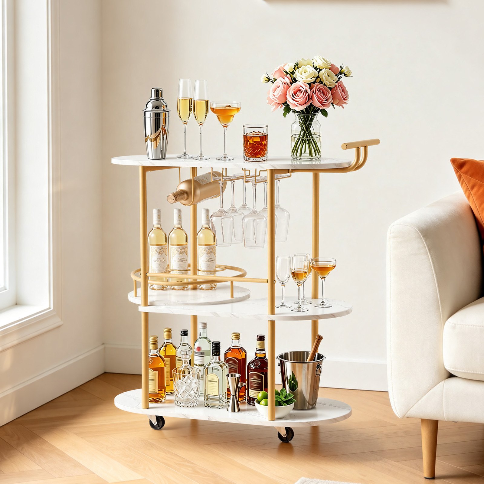 VEVOR Bar Cart, 3 Tiers Home Kitchen Serving Carts, Modern Round Rolling Utility Station on Wheels, Mobile Drink Beverage Trolley w/ Wooden Shelf, Wine Rack, Glass Holder, for Living Dining Room, Gold