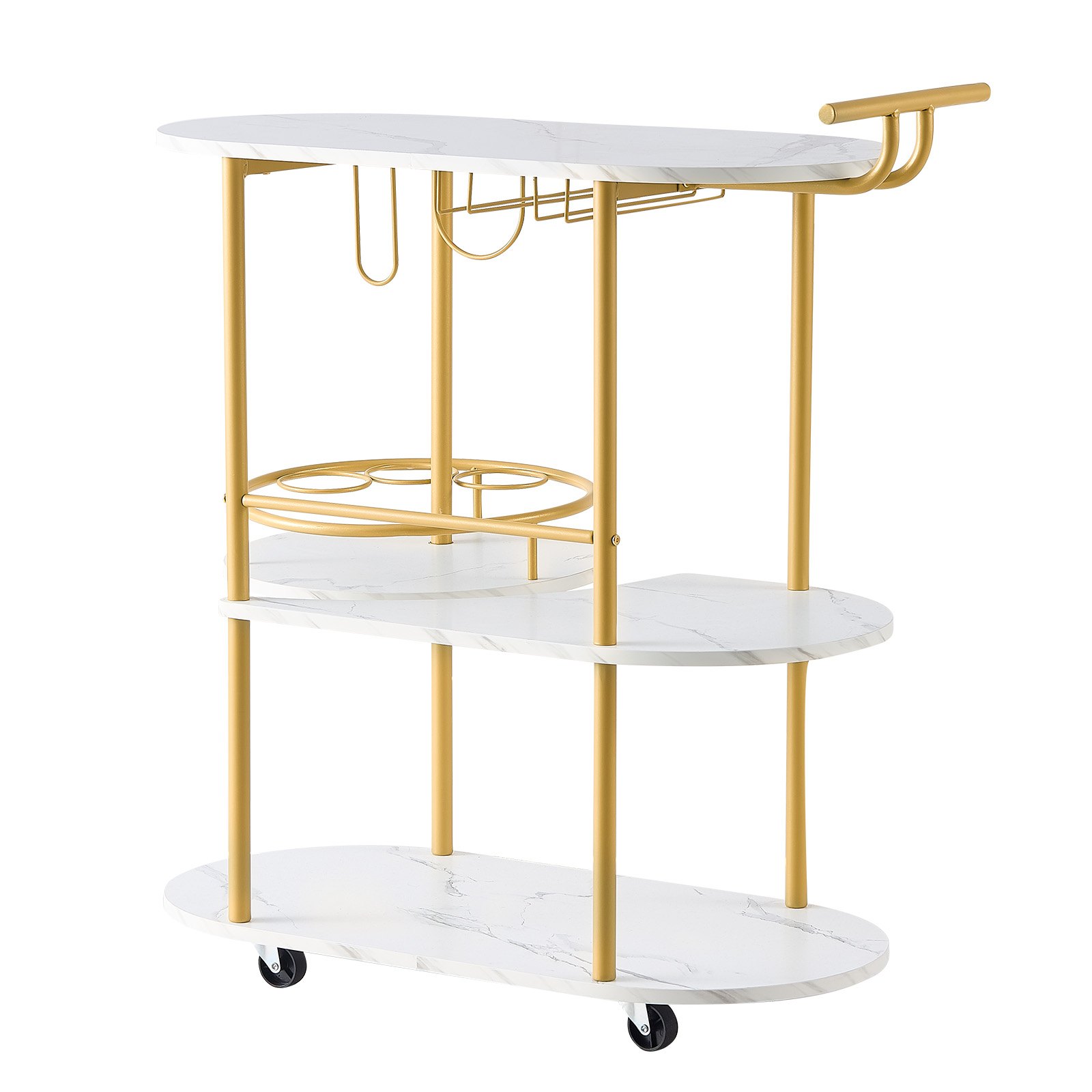 VEVOR Bar Cart, 3 Tiers Home Kitchen Serving Carts, Modern Round Rolling Utility Station on Wheels, Mobile Drink Beverage Trolley w/ Wooden Shelf, Wine Rack, Glass Holder, for Living Dining Room, Gold