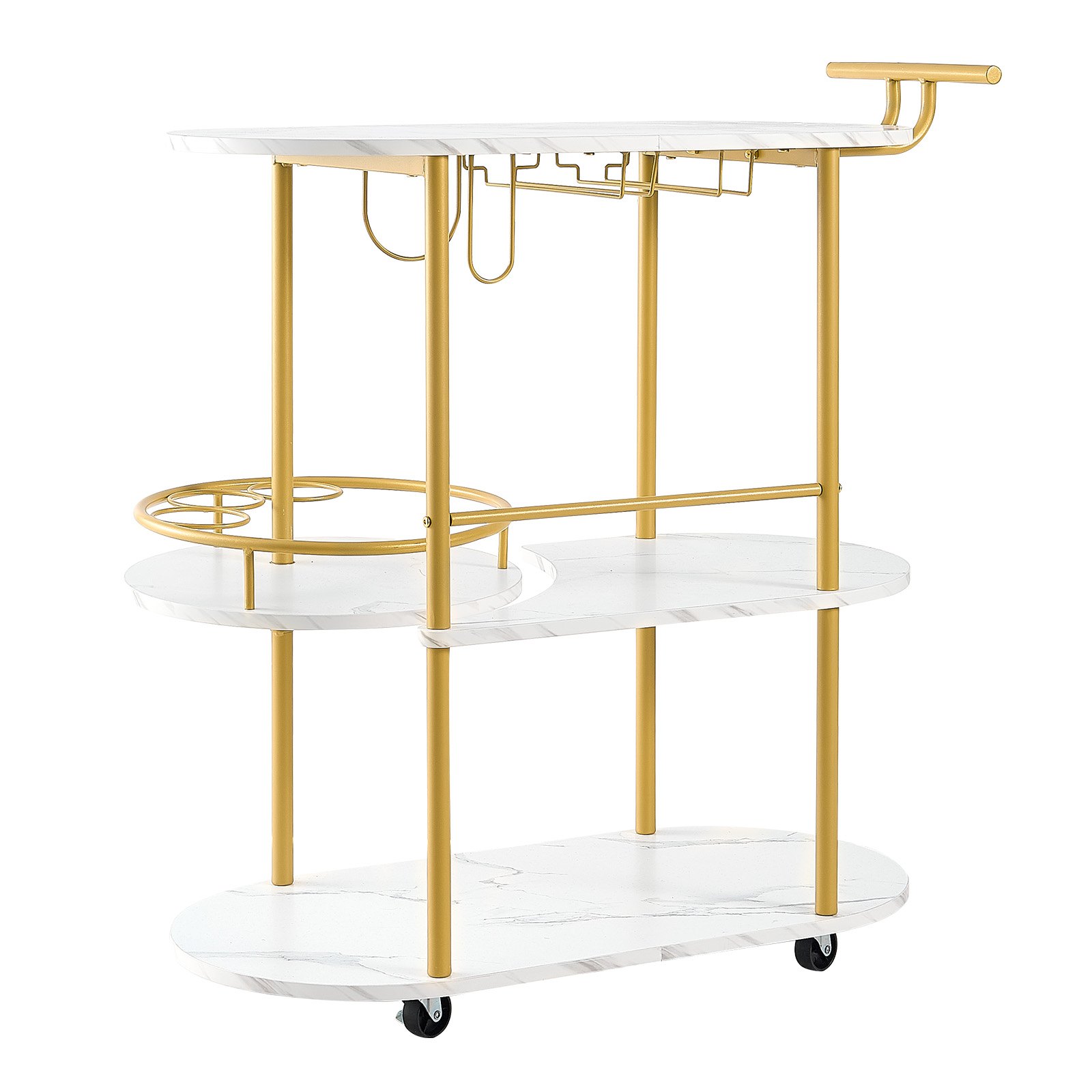 VEVOR Bar Cart, 3 Tiers Home Kitchen Serving Carts, Modern Round Rolling Utility Station on Wheels, Mobile Drink Beverage Trolley w/ Wooden Shelf, Wine Rack, Glass Holder, for Living Dining Room, Gold