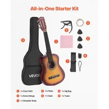 VEVOR Classical Guitar, 30 Inch, Wood Classical Guitar Starter Kit for Beginners, with Nylon Strings, Gig Bag, Strap, Tuner, Extra Strings, Pick, Capo, Basswood, for Kids Girls Boys Students, Sunburst