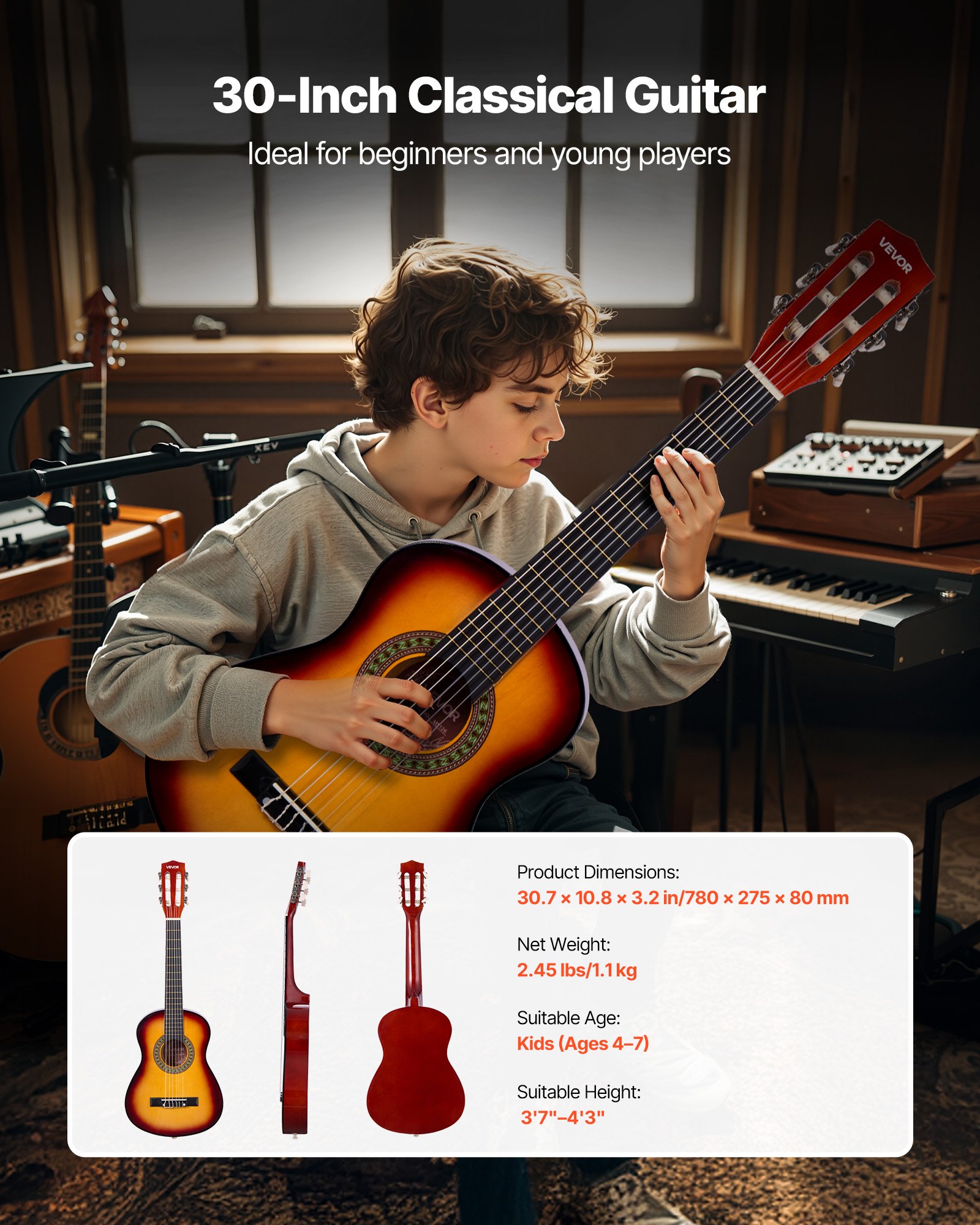 VEVOR Classical Guitar, 30 Inch, Wood Classical Guitar Starter Kit for Beginners, with Nylon Strings, Gig Bag, Strap, Tuner, Extra Strings, Pick, Capo, Basswood, for Kids Girls Boys Students, Sunburst