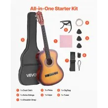 VEVOR Classical Guitar, 38 Inch, Wood Classical Guitar Starter Kit for Beginners, with Nylon Strings, Gig Bag, Strap, Tuner, Extra String, Pick, Capo, Basswood, for Teenagers Adults Students, Sunburst