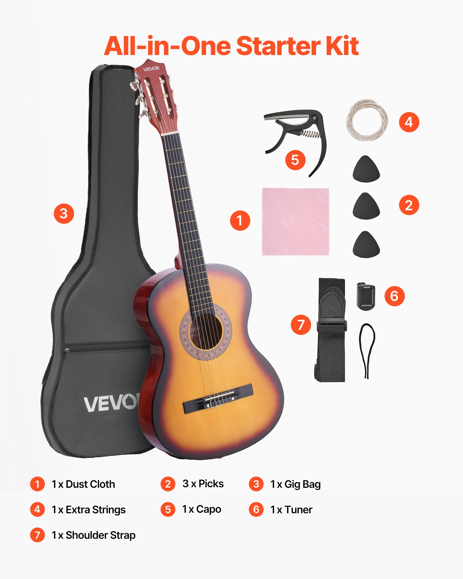 VEVOR Classical Guitar, 960 mm, Wood Classical Guitar Starter Kit for Beginners, with Nylon Strings, Gig Bag, Strap, Tuner, Extra Strings, Pick, Capo, Basswood, for Teenagers Adults Students, Sunburst