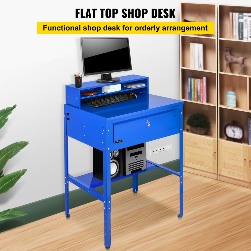 VEVOR Steel Office Desk Height Adjustable Flat Top Shop Desk Computer Table Blue