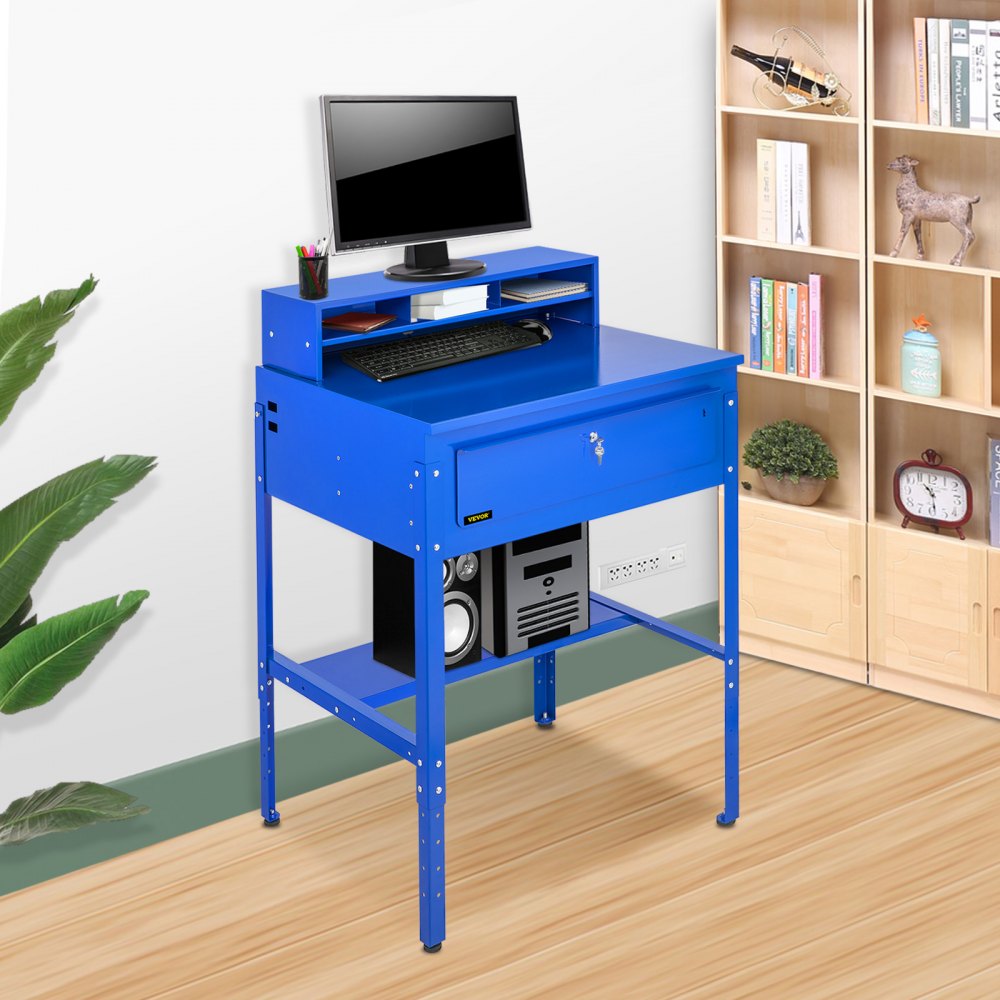 VEVOR Steel Office Desk Height Adjustable Flat Top Shop Desk Computer Table Blue