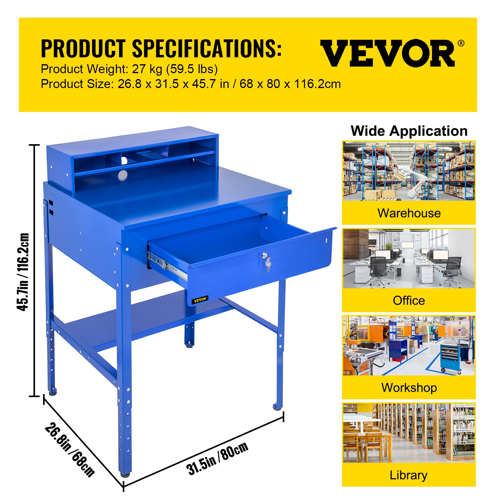 VEVOR Steel Office Desk Height Adjustable Flat Top Shop Desk Computer Table Blue