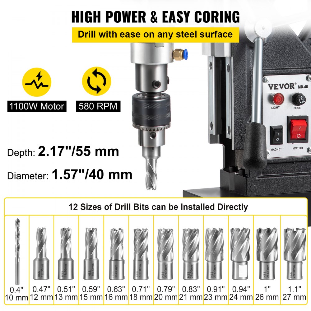 VEVOR Magnetic Drill, 1100W 1.57\" Boring Diameter, 2697lbf/12000N Portable Electric Mag Drill Press with 12 Drilling Bits, 580 RPM Max Speed Drilling Machine for any Surface and Home Improvement