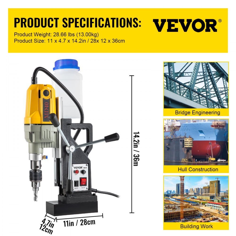 VEVOR Magnetic Drill, 1100W 1.57\" Boring Diameter, 2697lbf/12000N Portable Electric Mag Drill Press with 12 Drilling Bits, 580 RPM Max Speed Drilling Machine for any Surface and Home Improvement