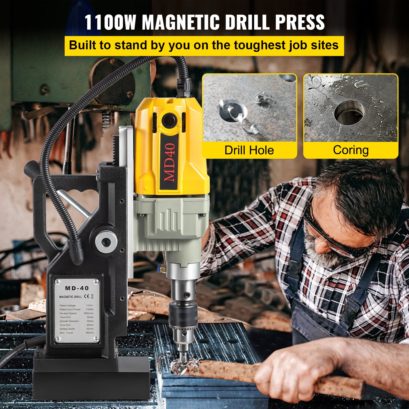 VEVOR Magnetic Drill, 1100W 1.57\" Boring Diameter, 2697lbf/12000N Portable Electric Mag Drill Press with 12 Drilling Bits, 580 RPM Max Speed Drilling Machine for any Surface and Home Improvement
