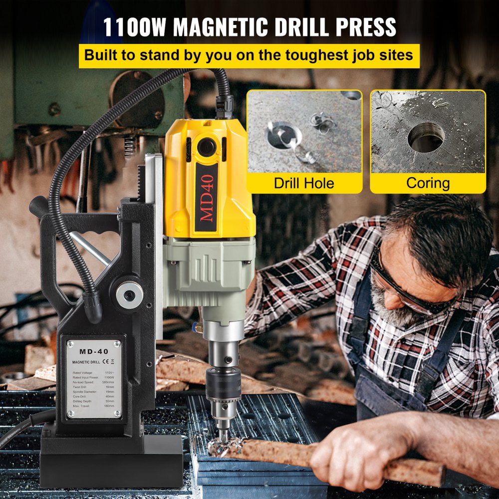 VEVOR Magnetic Drill, 1100W 4 cm Boring Diameter, 2697lbf/12000N Portable Electric Mag Drill Press with 12 Bits, 580 RPM Max Speed Drilling Machine for any Surface and Home Improvement