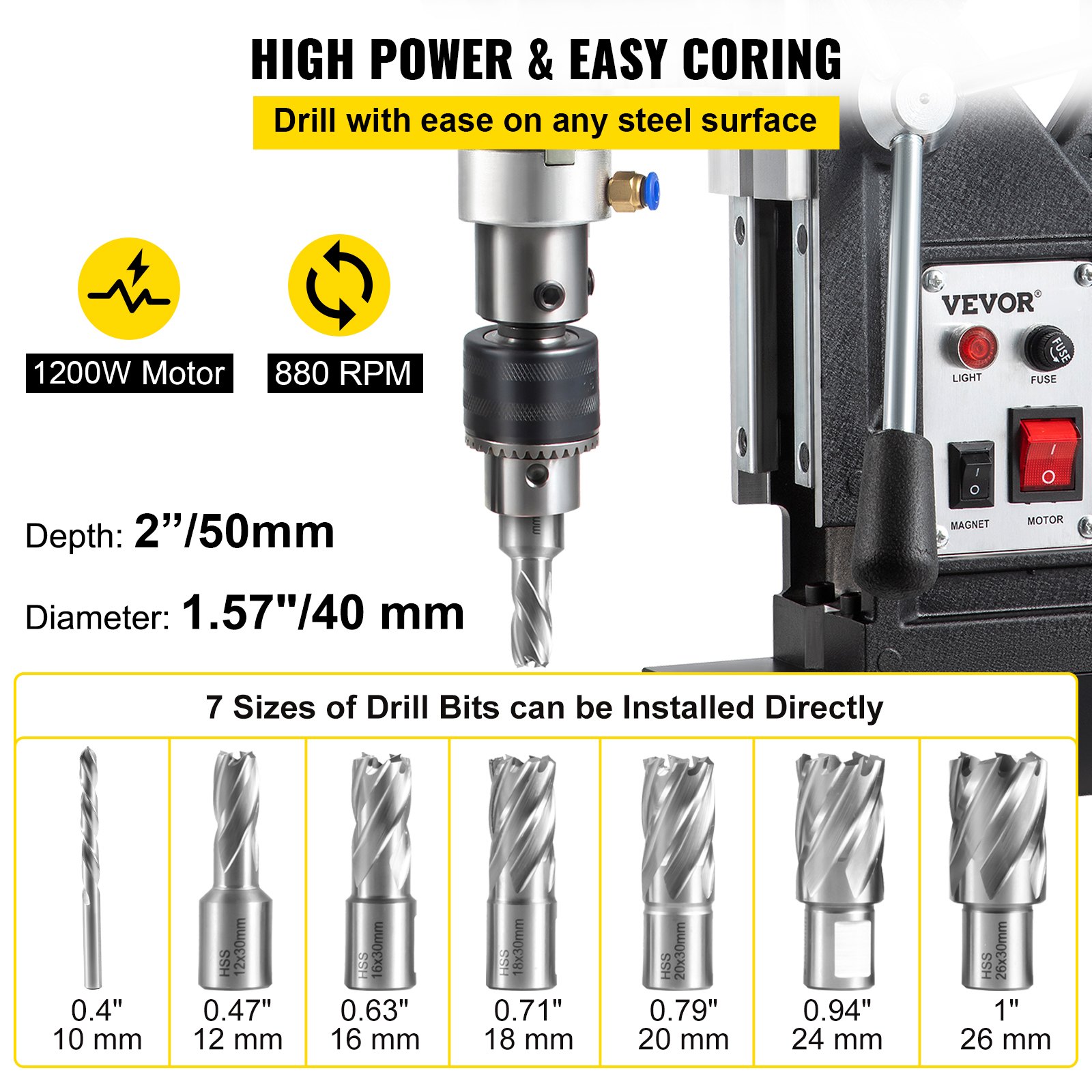 VEVOR Magnetic Drill, 1100W 4 cm Boring Diameter, 2697lbf/12000N Portable Electric Mag Drill Press with 7 Bits, 580 RPM Max Speed Drilling Machine for any Surface and Home Improvement