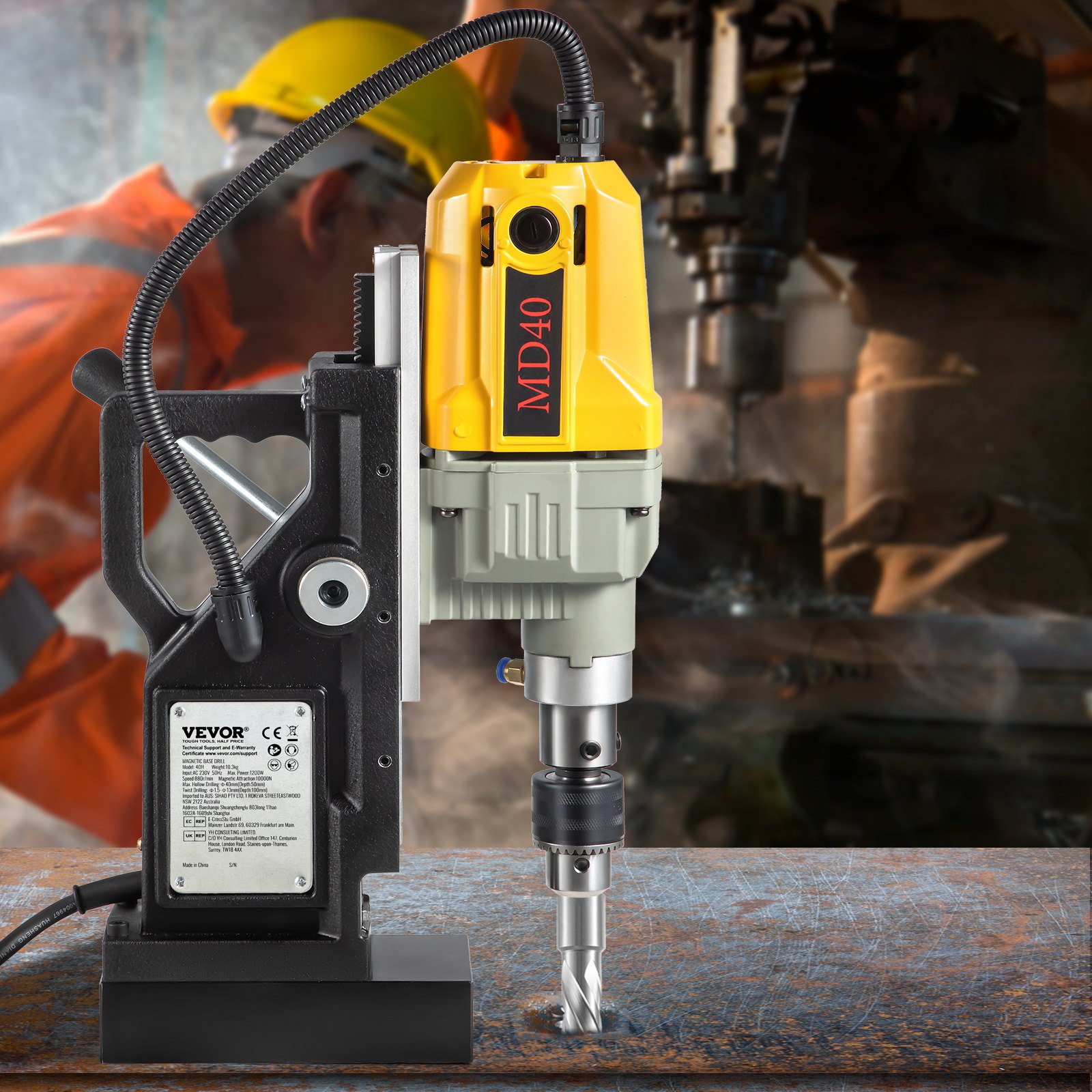 VEVOR Magnetic Drill, 1100W 4 cm Boring Diameter, 2697lbf/12000N Portable Electric Mag Drill Press with 7 Bits, 580 RPM Max Speed Drilling Machine for any Surface and Home Improvement