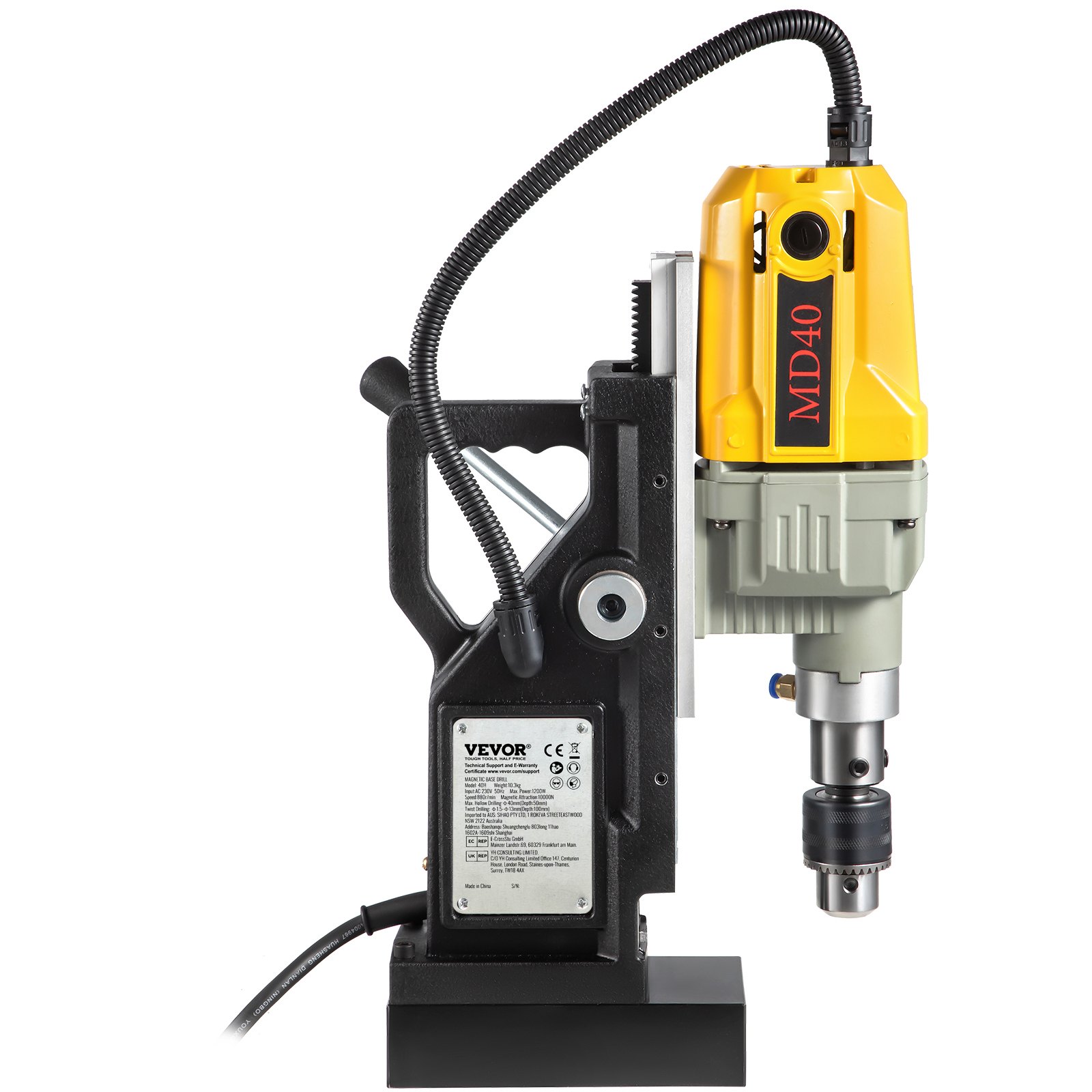 VEVOR Magnetic Drill, 1100W 4 cm Boring Diameter, 2697lbf/12000N Portable Electric Mag Drill Press with 7 Bits, 580 RPM Max Speed Drilling Machine for any Surface and Home Improvement