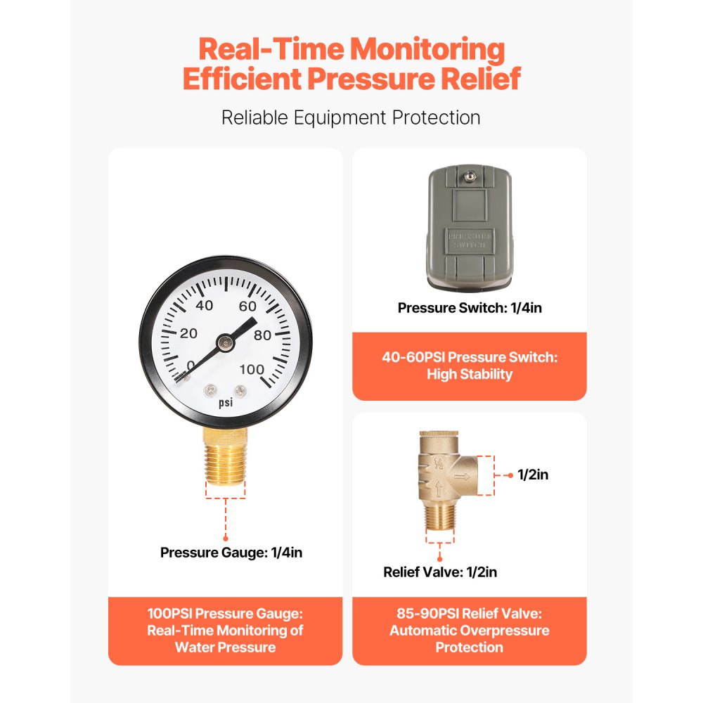 VEVOR 1" x 11" Well Pressure Tank Tee Kit, with 40/60PSI Switch, 7-Pieces Pure Brass Pressure Tank Installation Kit for Water Well, Fit Most Tanks with Diameters up to 16 Inches