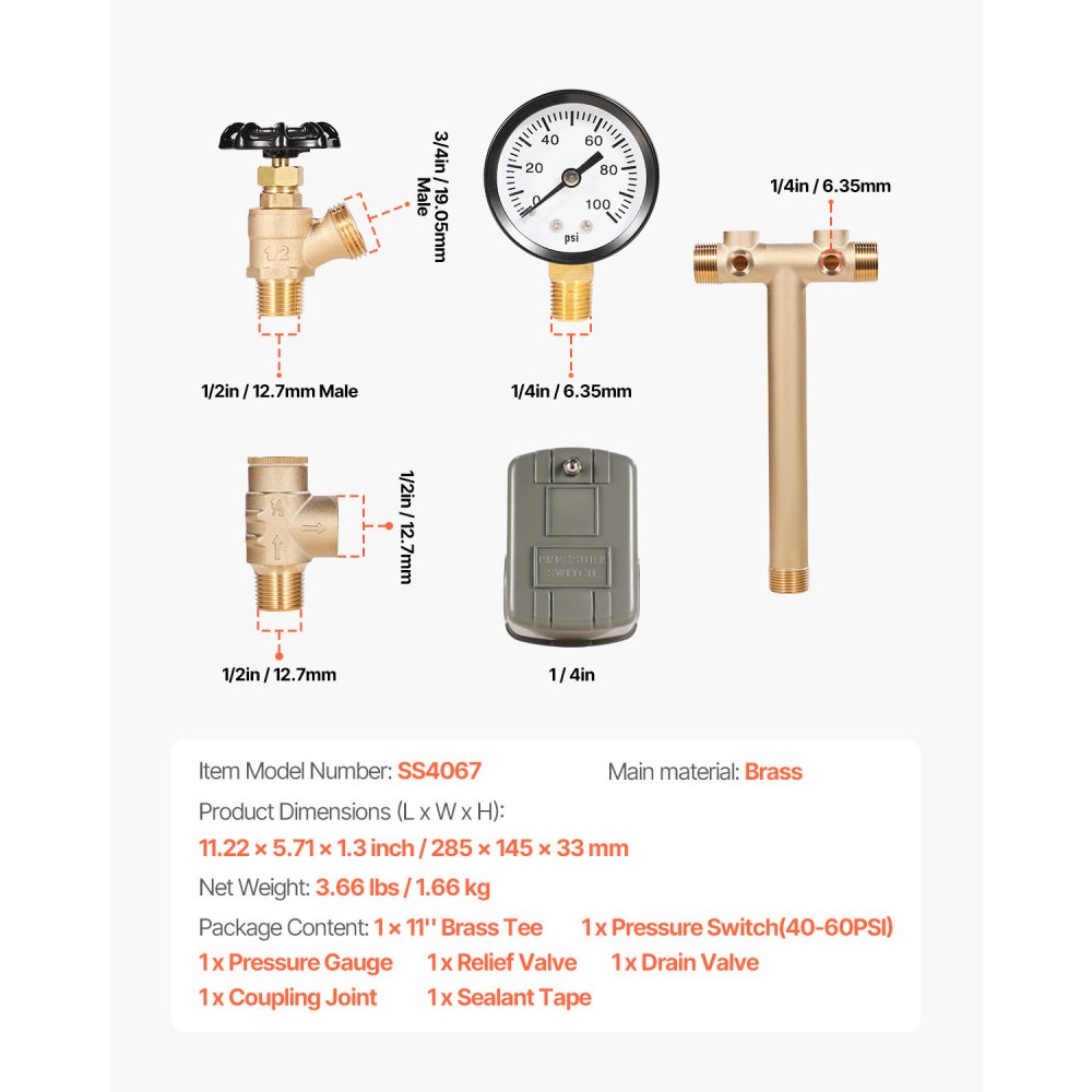 VEVOR 1" x 11" Well Pressure Tank Tee Kit, with 40/60PSI Switch, 7-Pieces Pure Brass Pressure Tank Installation Kit for Water Well, Fit Most Tanks with Diameters up to 16 Inches
