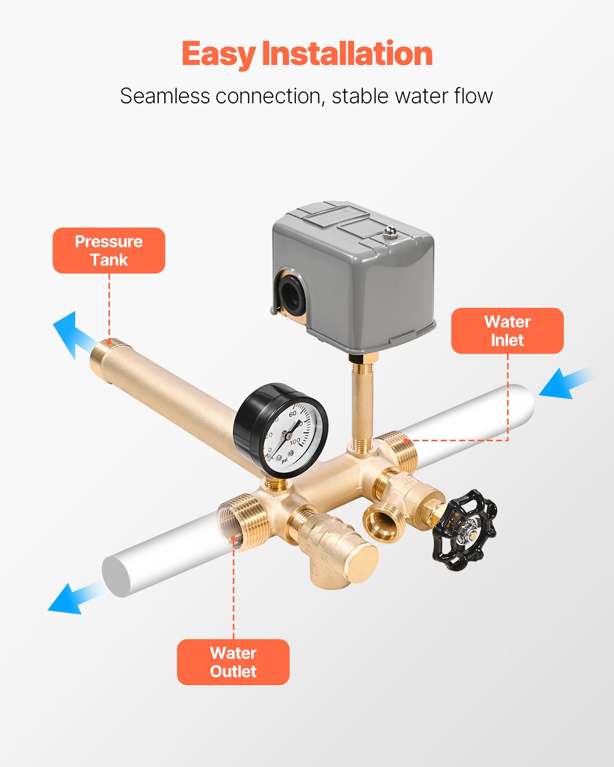 VEVOR 1" x 11" Well Pressure Tank Tee Kit, with 40/60PSI Switch, 7-Pieces Pure Brass Pressure Tank Installation Kit for Water Well, Fit Most Tanks with Diameters up to 16 Inches