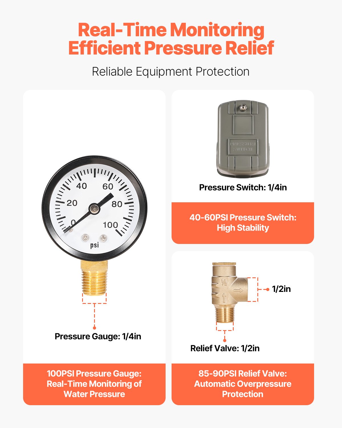 VEVOR 1" x 11" Well Pressure Tank Tee Kit, with 40/60PSI Switch, 7-Pieces Pure Brass Pressure Tank Installation Kit for Water Well, Fit Most Tanks with Diameters up to 16 Inches