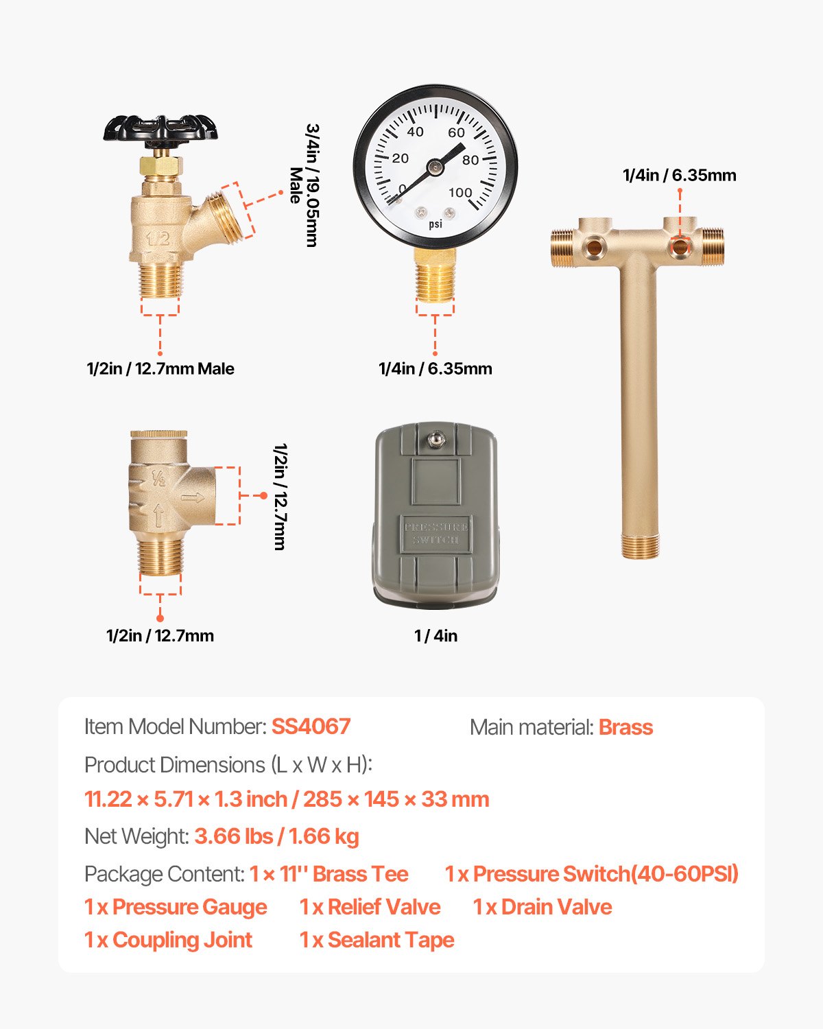 VEVOR 1" x 11" Well Pressure Tank Tee Kit, with 40/60PSI Switch, 7-Pieces Pure Brass Pressure Tank Installation Kit for Water Well, Fit Most Tanks with Diameters up to 16 Inches