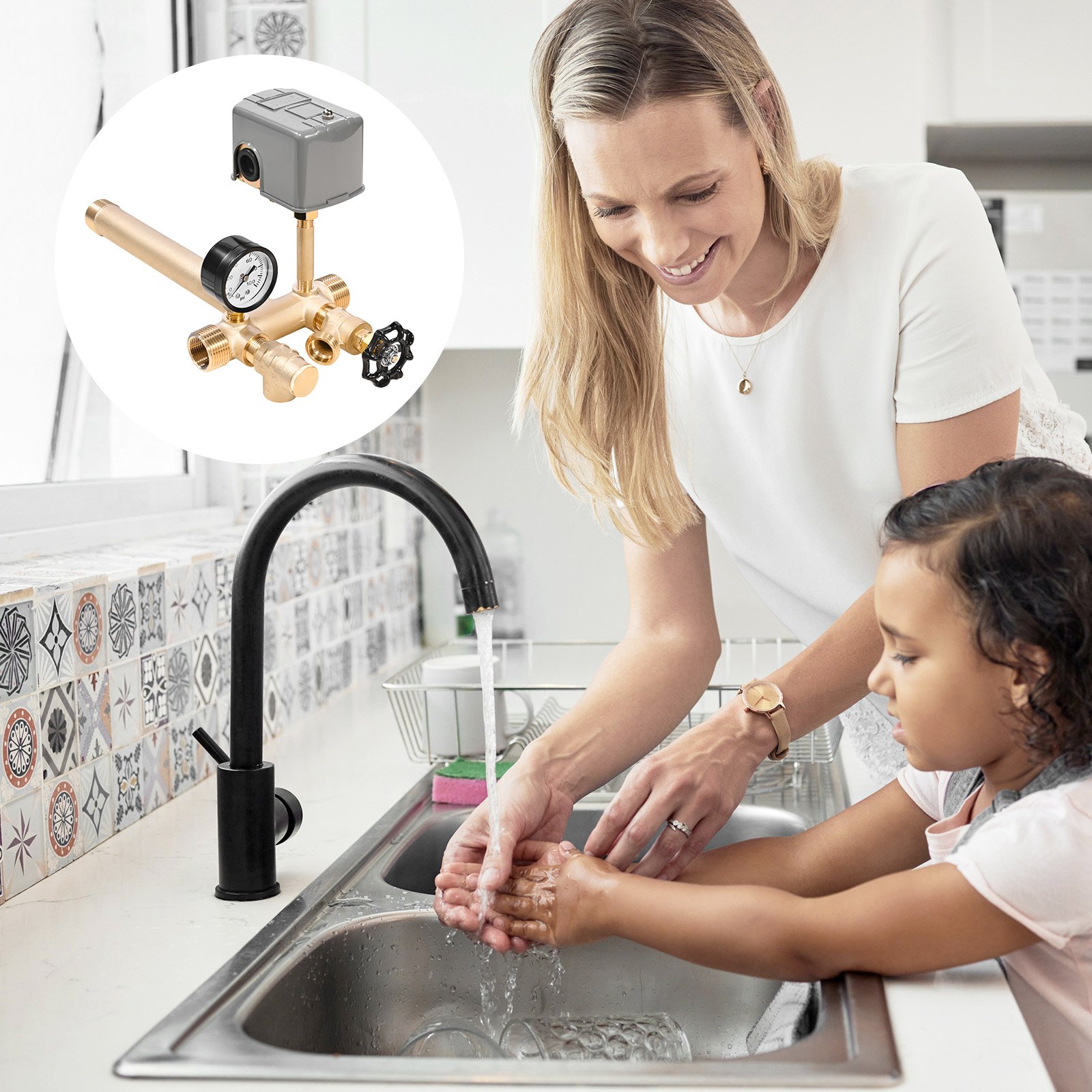 VEVOR 1" x 11" Well Pressure Tank Tee Kit, with 40/60PSI Switch, 7-Pieces Pure Brass Pressure Tank Installation Kit for Water Well, Fit Most Tanks with Diameters up to 16 Inches