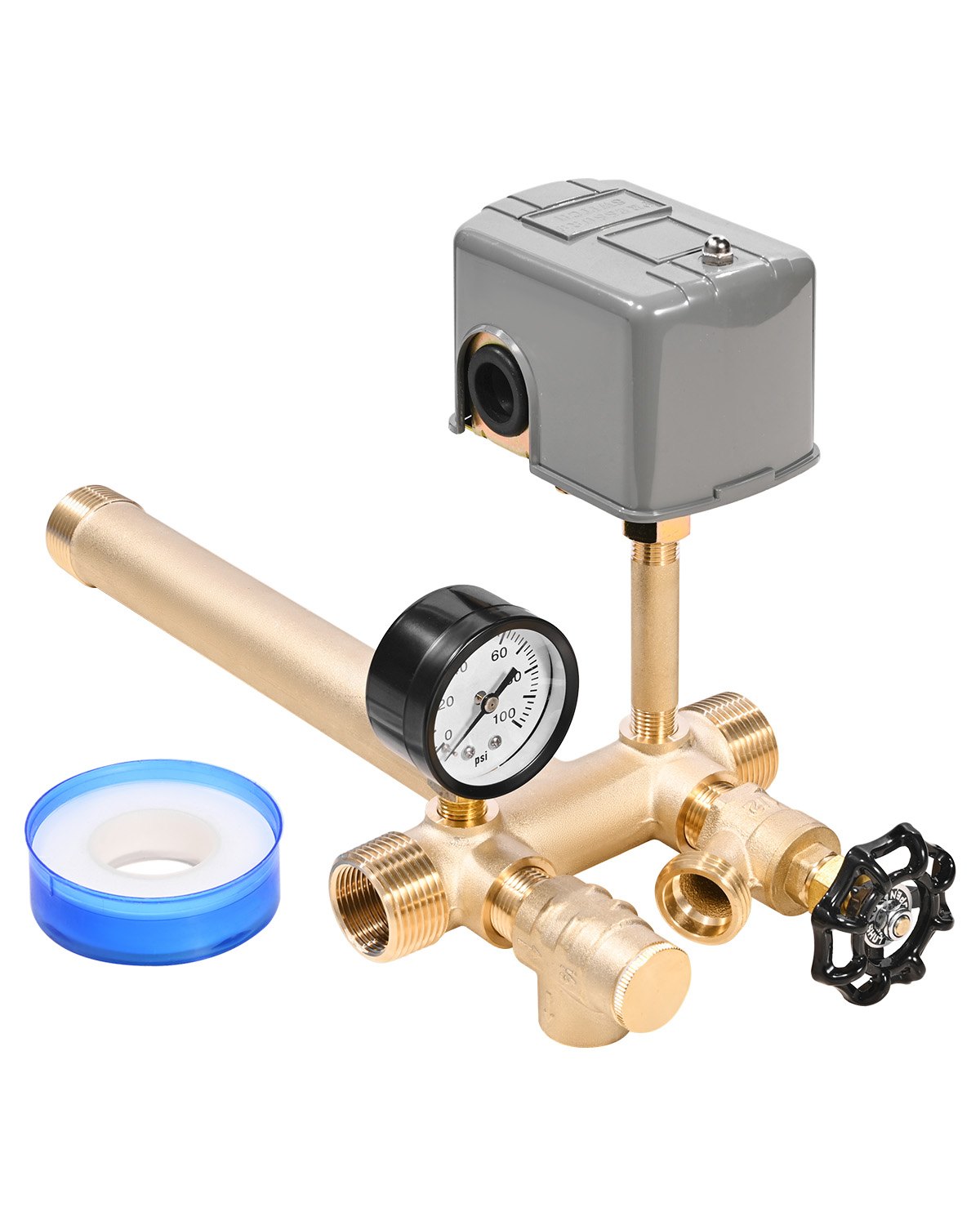 VEVOR 1" x 11" Well Pressure Tank Tee Kit, with 40/60PSI Switch, 7-Pieces Pure Brass Pressure Tank Installation Kit for Water Well, Fit Most Tanks with Diameters up to 16 Inches