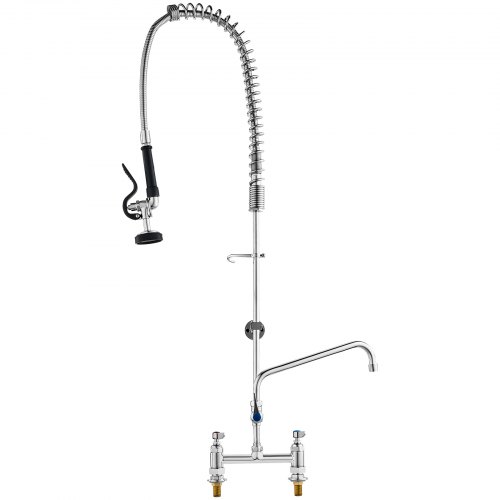 VEVOR Commercial Faucet with Pre-Rinse Sprayer, 44" Height, 8" Center, 12" Swing Spout, Deck Mount Kitchen Sink Faucet, Brass Constructed Device with Pull Down Spray, for 1/2/3 Compartment Sink