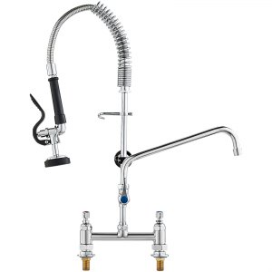 VEVOR Commercial Faucet with Pre-Rinse Sprayer, 26" Height, 8" Center, 12" Swing Spout, Deck Mount Kitchen Sink Faucet, Brass Constructed Device with Pull Down Spray, for 1/2/3 Compartment Sink  | VEVOR EU