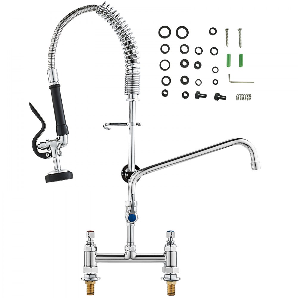 VEVOR Commercial Faucet with Pre-Rinse Sprayer, 26" (66 cm) Height, 8" (20.3 cm) Center, 12" (30.5 cm) Swing Spout, Deck Mount Kitchen Sink Faucet, Brass Constructed Device with Pull Down Spray, for 1/2/3 Compartment Sink