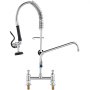 VEVOR commercial faucet with pre-rinse sprayer, dual handles, and stainless steel construction.